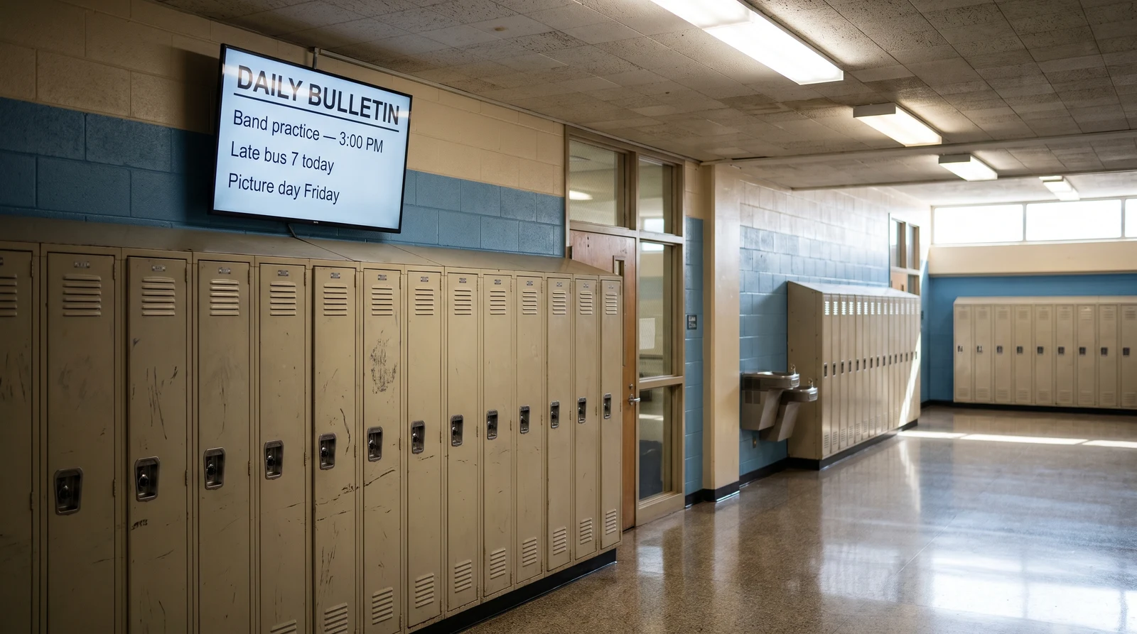 Digital bulletin board showing a daily bulletin in a school corridor