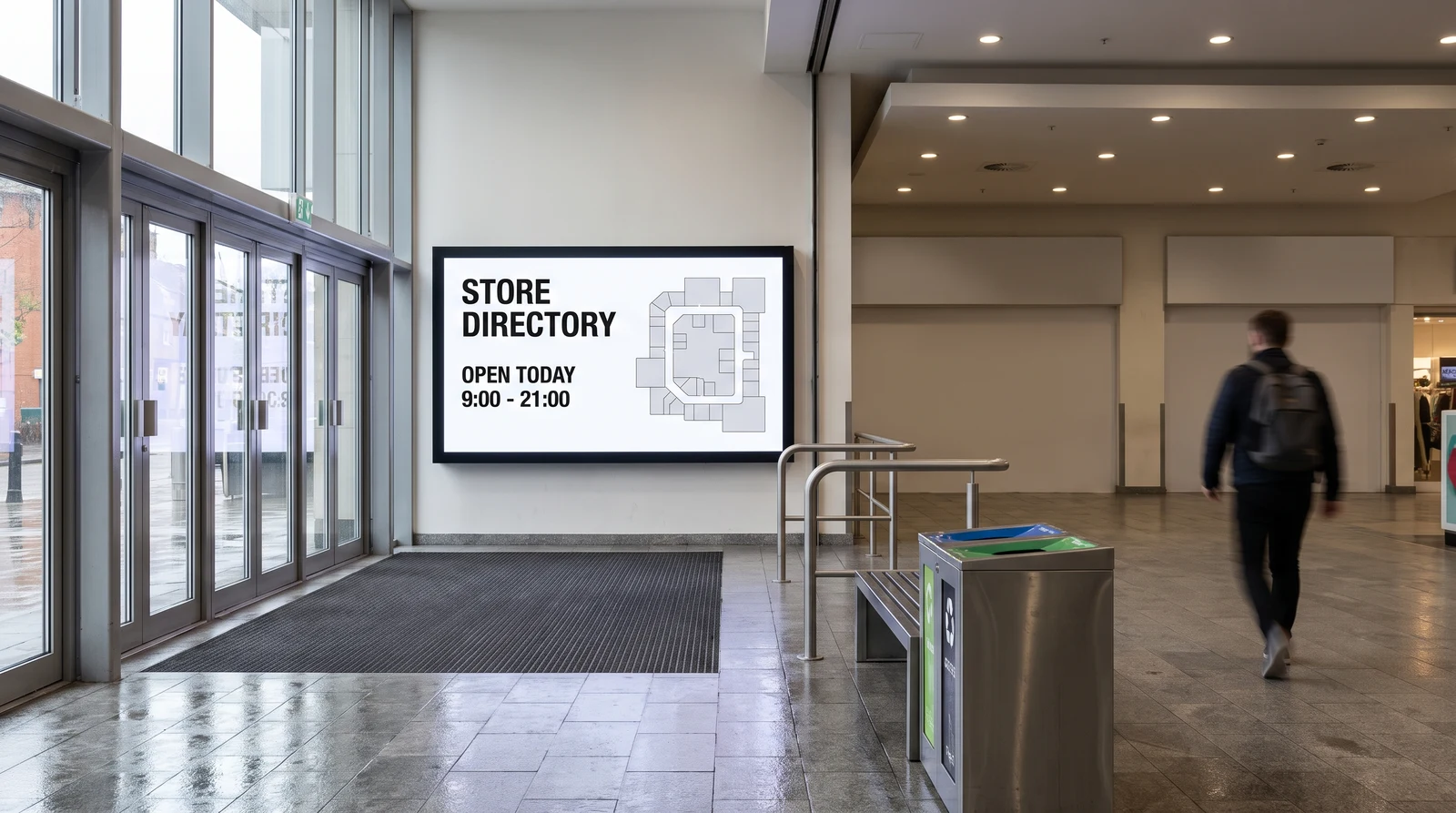 Shopping centre entrance with a large digital directory screen showing opening hours and a floor map