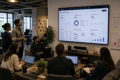 Marketing team in an open office reviewing a HubSpot marketing performance dashboard with campaign KPIs on a wall-mounted TV
