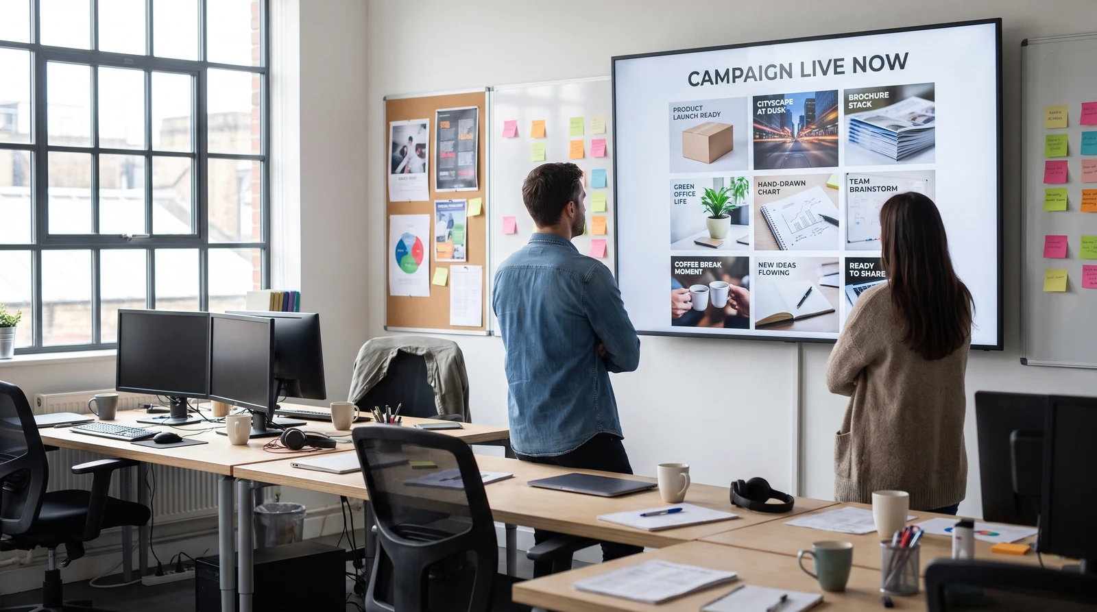 A marketing team looking at campaign performance metrics on a wall-mounted office screen