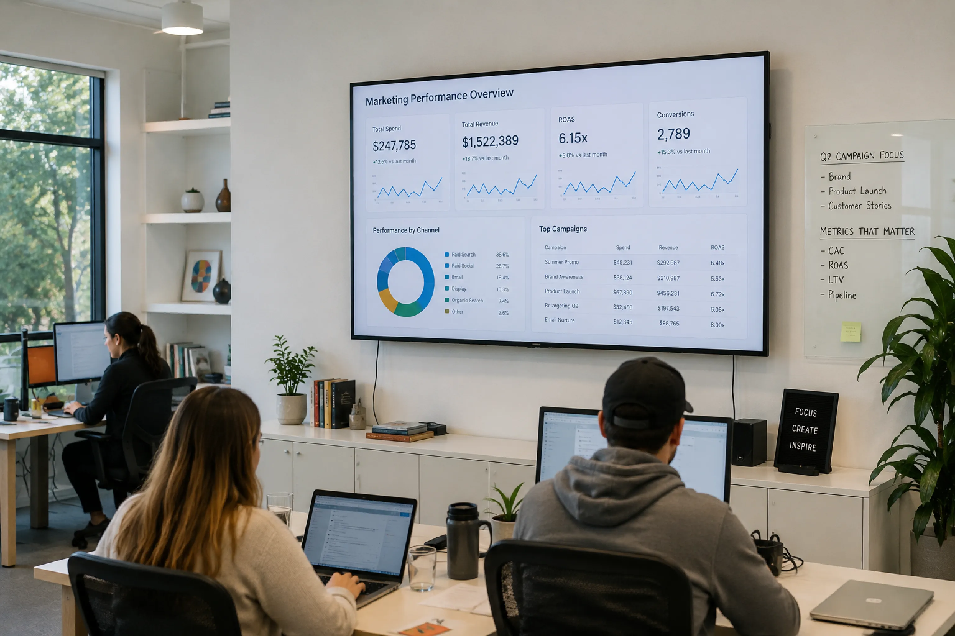 Marketing performance dashboard displayed on a team screen