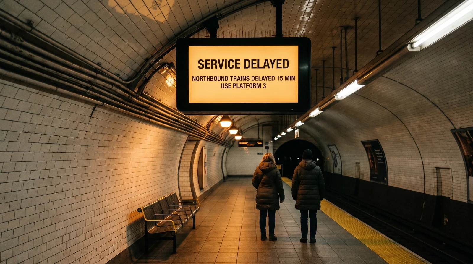 Digital signage screen showing a service-delayed transit alert on a metro station platform