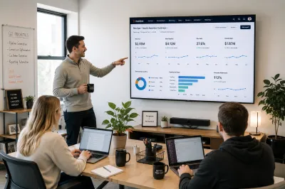 Regional team reviewing a HubSpot North America Summary regional revenue dashboard on a wall-mounted TV