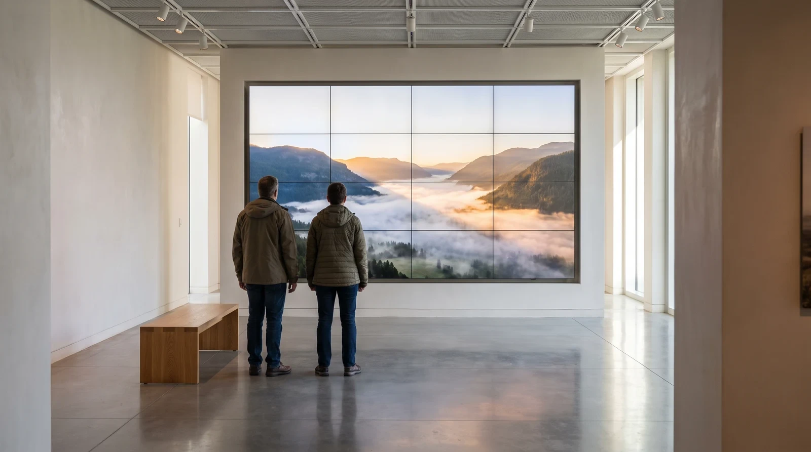 Large Sony-style professional display running a scenic feature video wall in a museum gallery