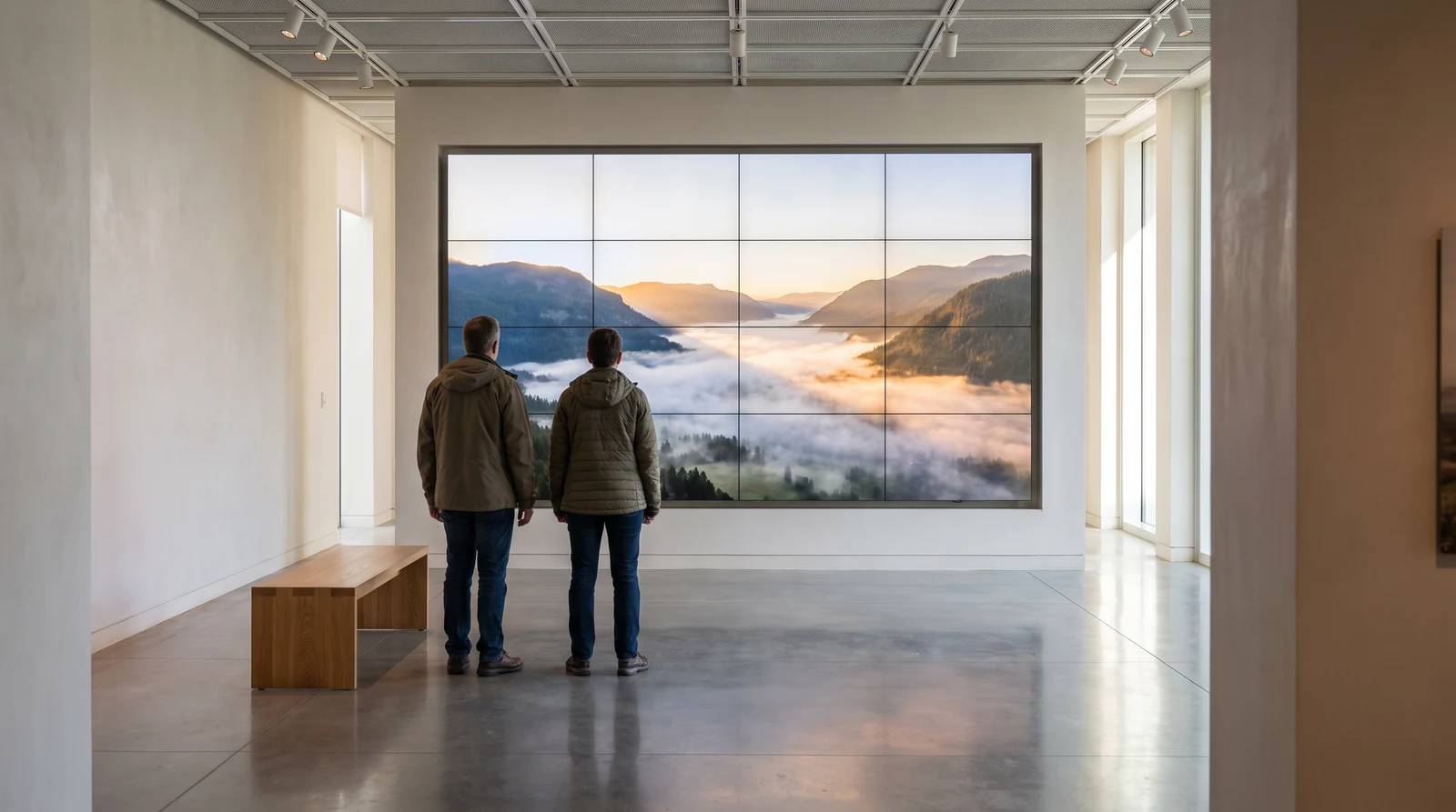Museum gallery feature wall built from sixteen tiled screens showing one continuous mountain valley image, with two visitors looking on