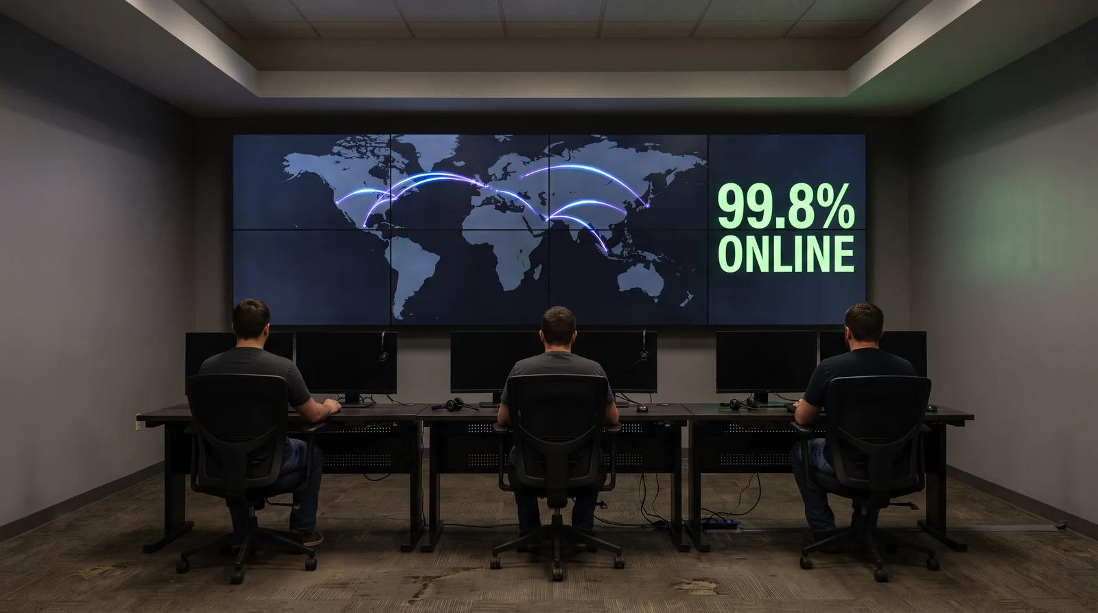 Network operations center team at a shared desk facing a video wall showing a global uptime map at 99.8% online