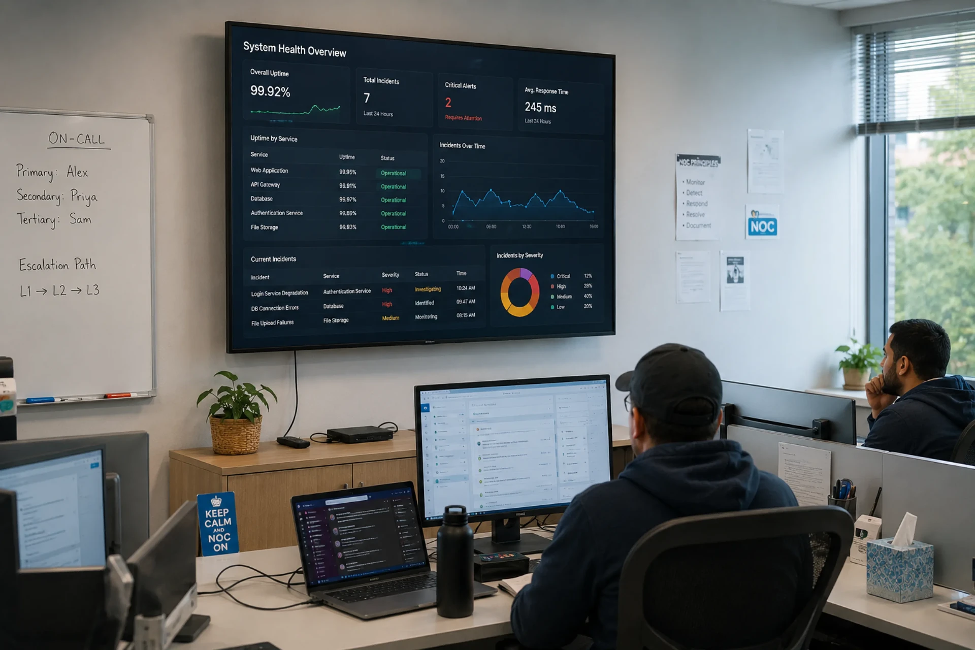 Network operations centre with a wall-mounted system health overview above the on-call desks