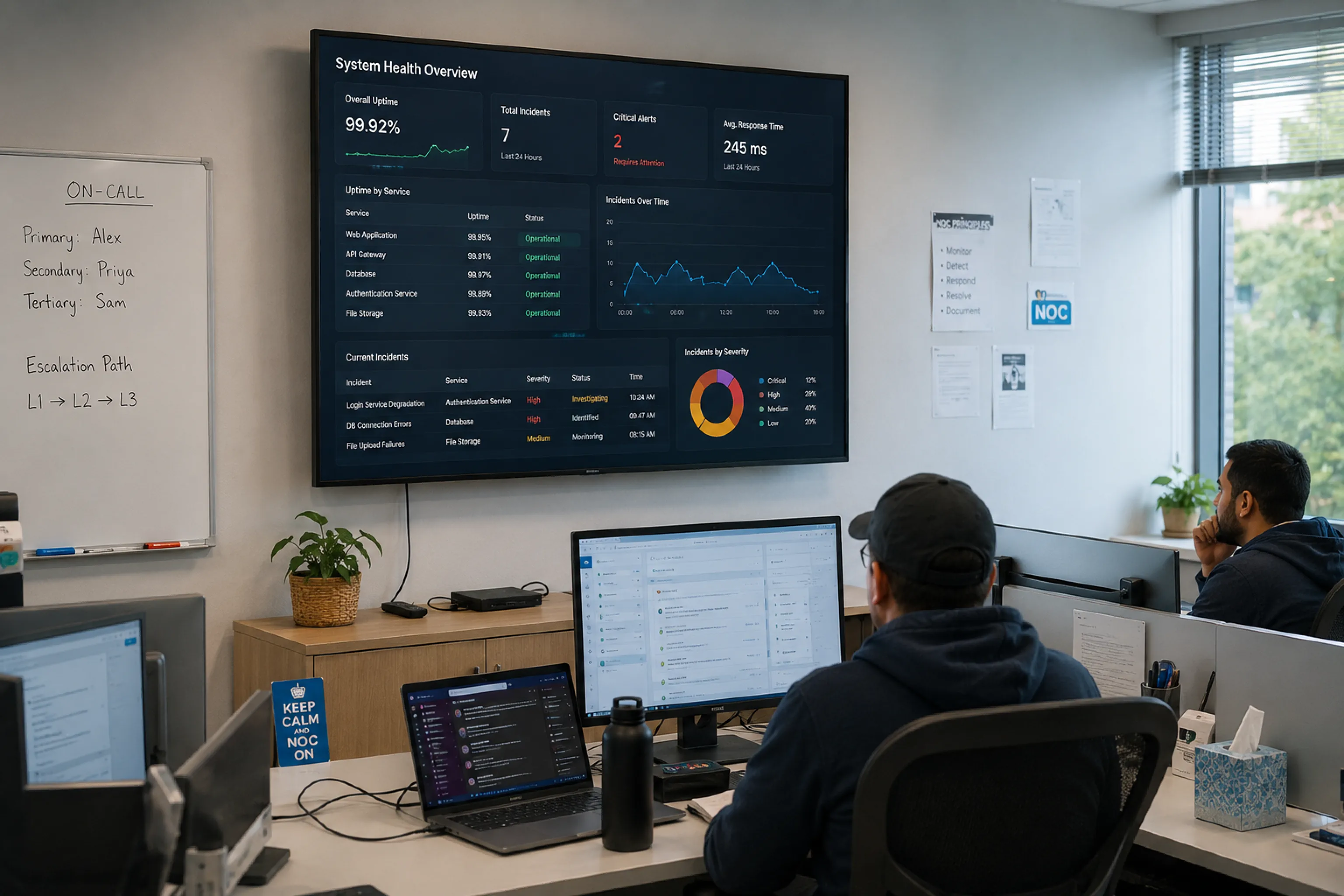 Network operations centre with a wall-mounted system health overview above the on-call desks