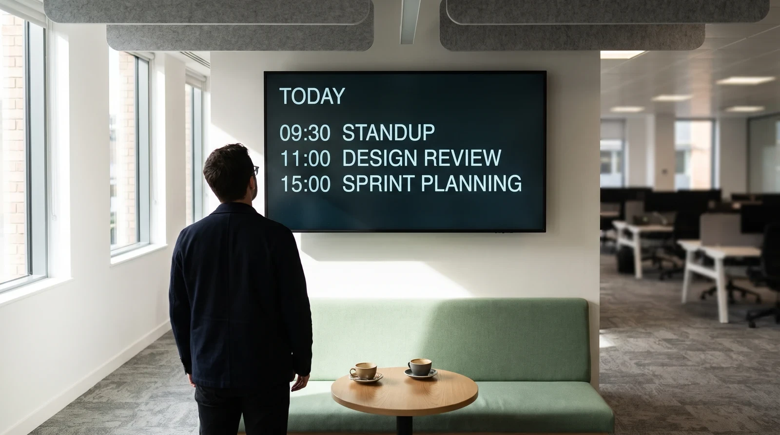 Office breakout area with a bench and a wall-mounted screen showing today’s room schedule
