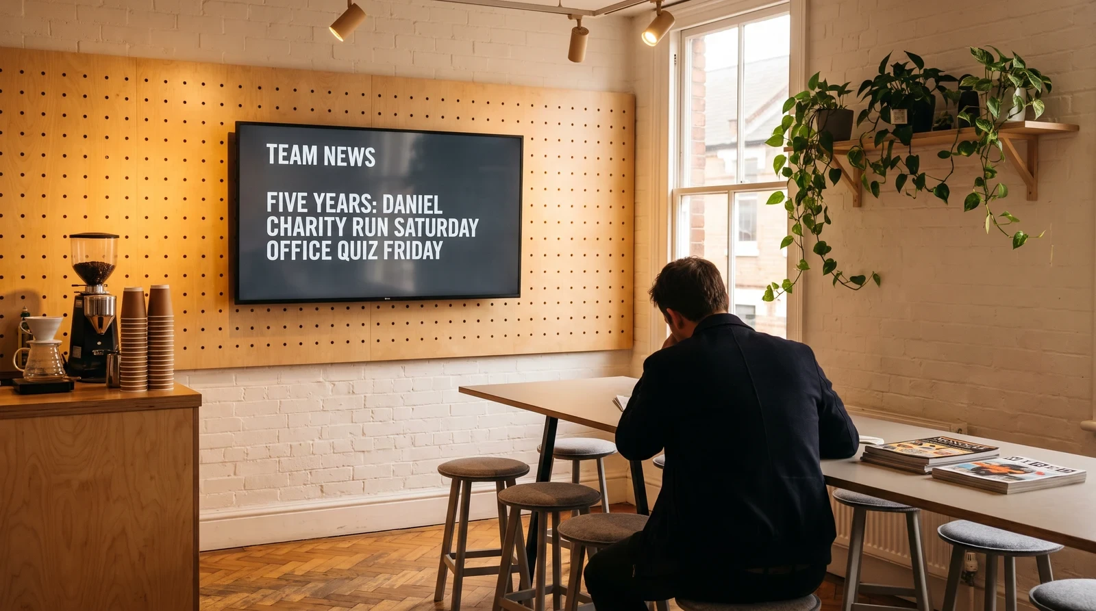 Wall-mounted screen in an office common area displaying a staff noticeboard, powered by a Chrome browser player