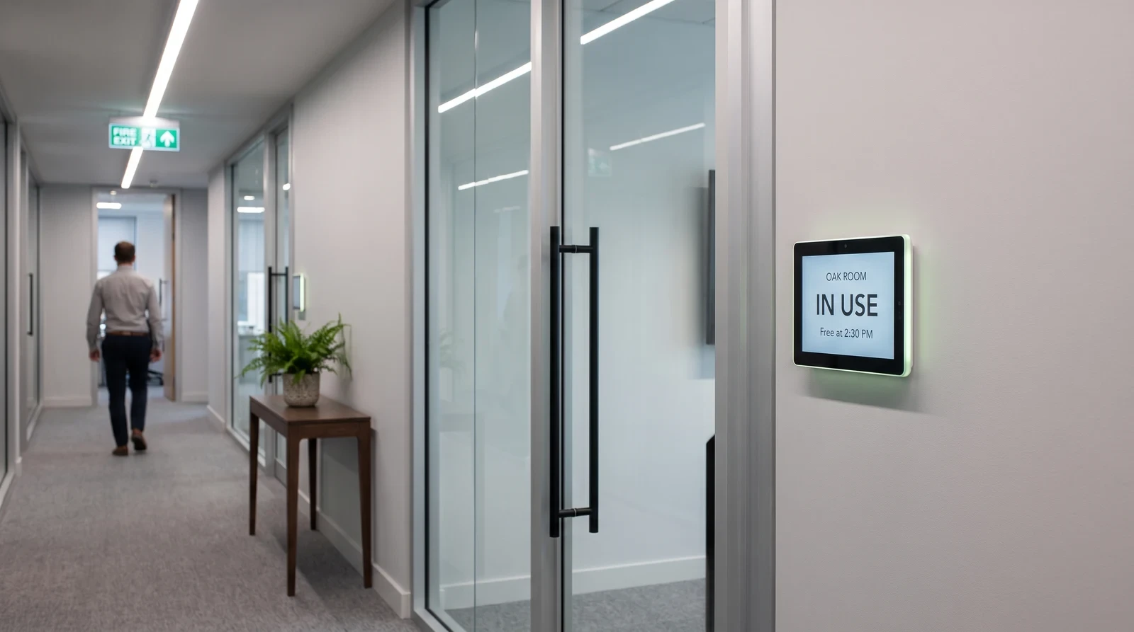 ChromeOS-powered digital signage panel outside an office meeting room showing room availability and booking status