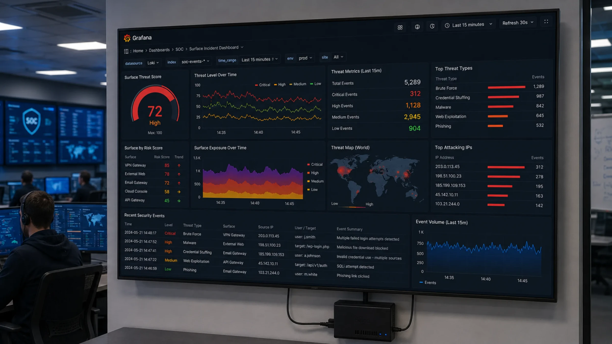 Security analyst reviewing a Grafana incident dashboard on an office screen