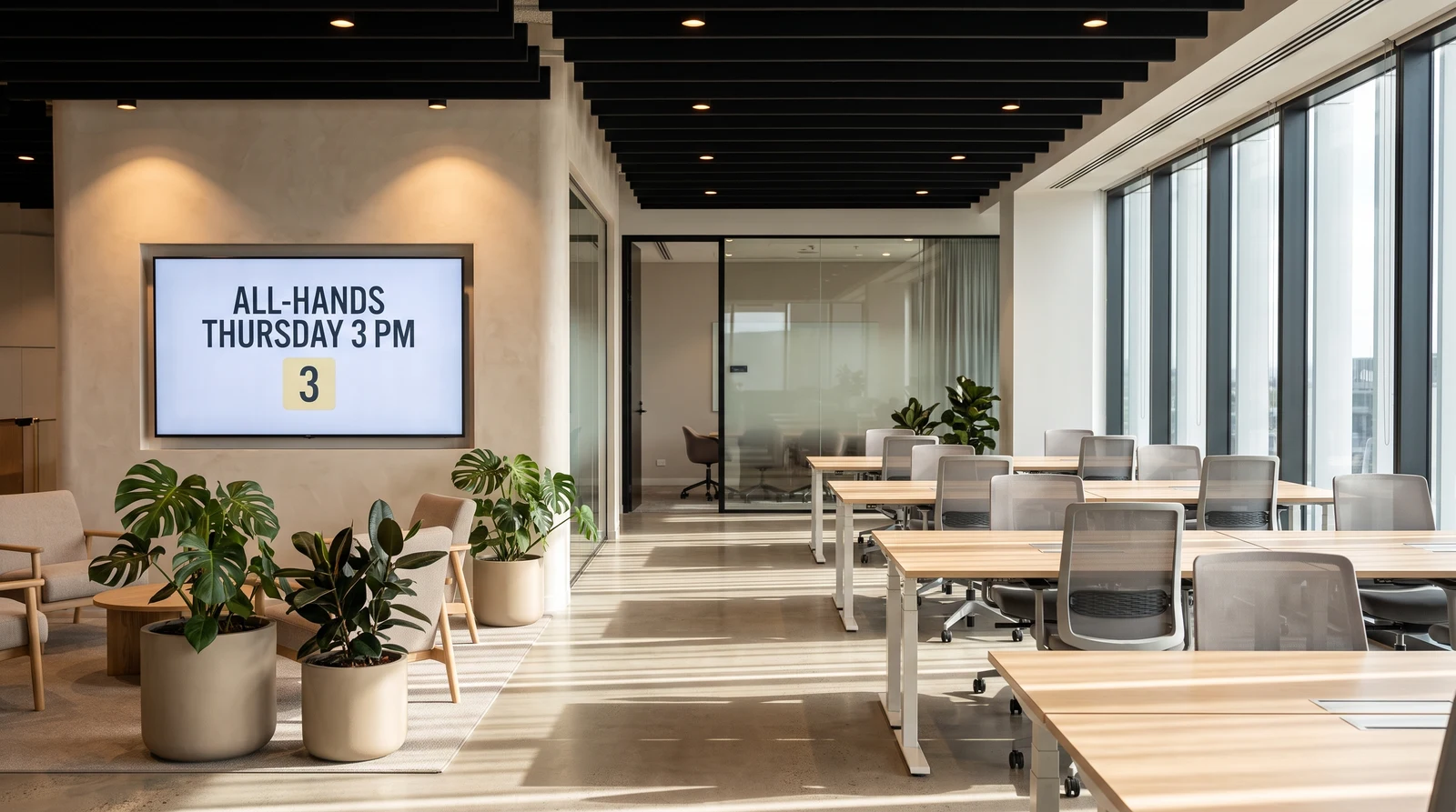 Modern open-plan office with a wall-mounted digital signage screen displaying an all-hands meeting announcement
