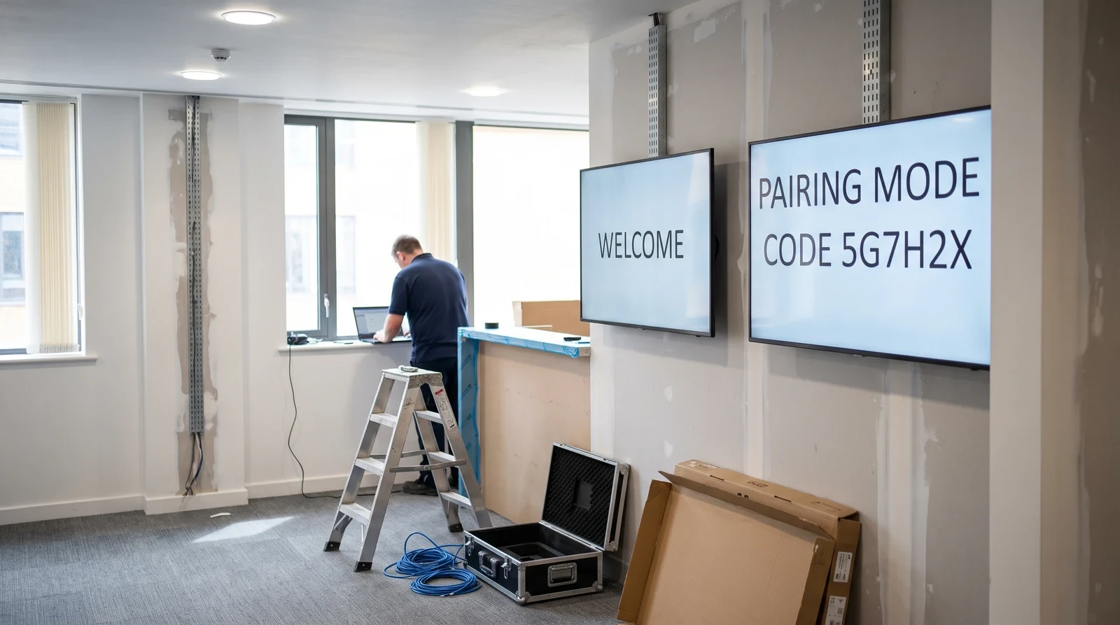 Technician commissioning newly installed screens in an office reception, one showing a welcome screen and one in pairing mode