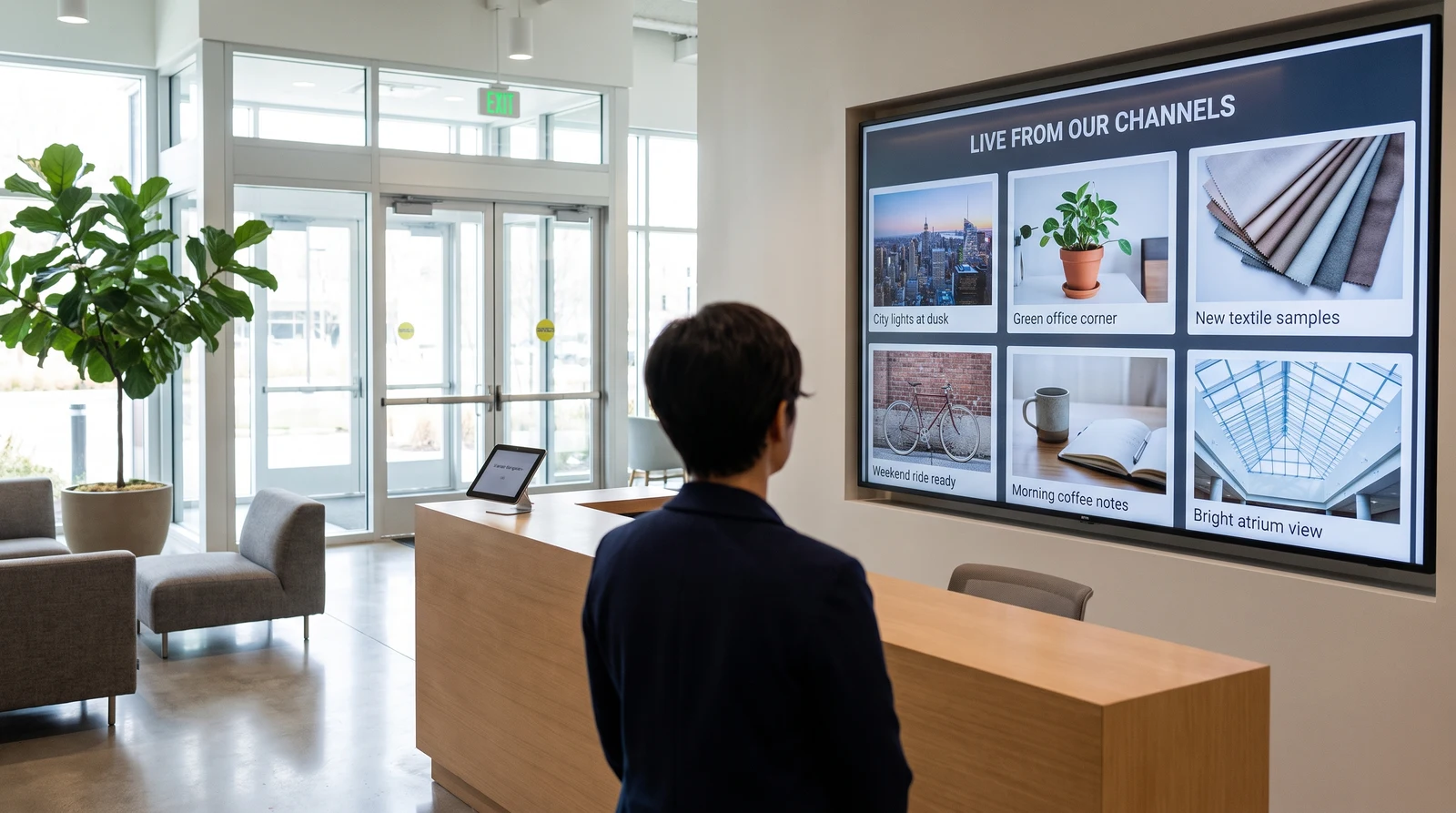 Wall-mounted screen in an office reception playing a “Live from our channels” grid of posts pulled from the company’s own social accounts