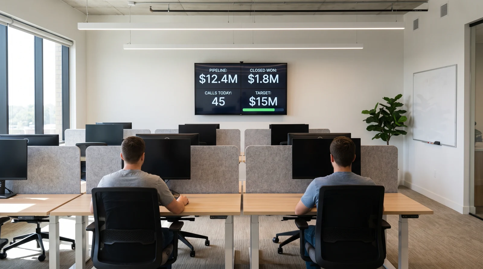 Sales floor screen above the desks showing pipeline, closed-won, calls-today and target figures