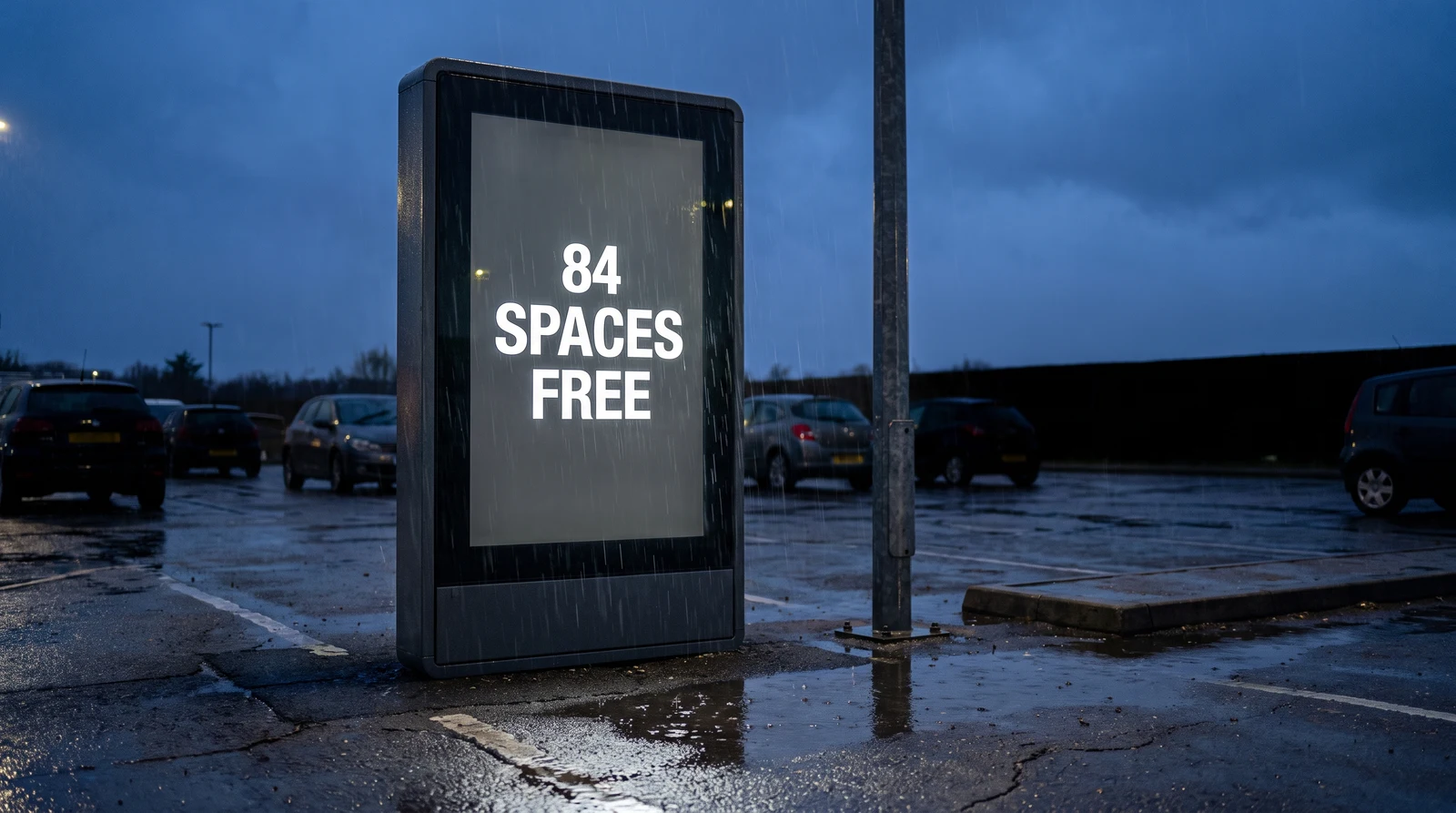 Outdoor-rated display in the rain, the kind of hardware bus stop digital signage runs on
