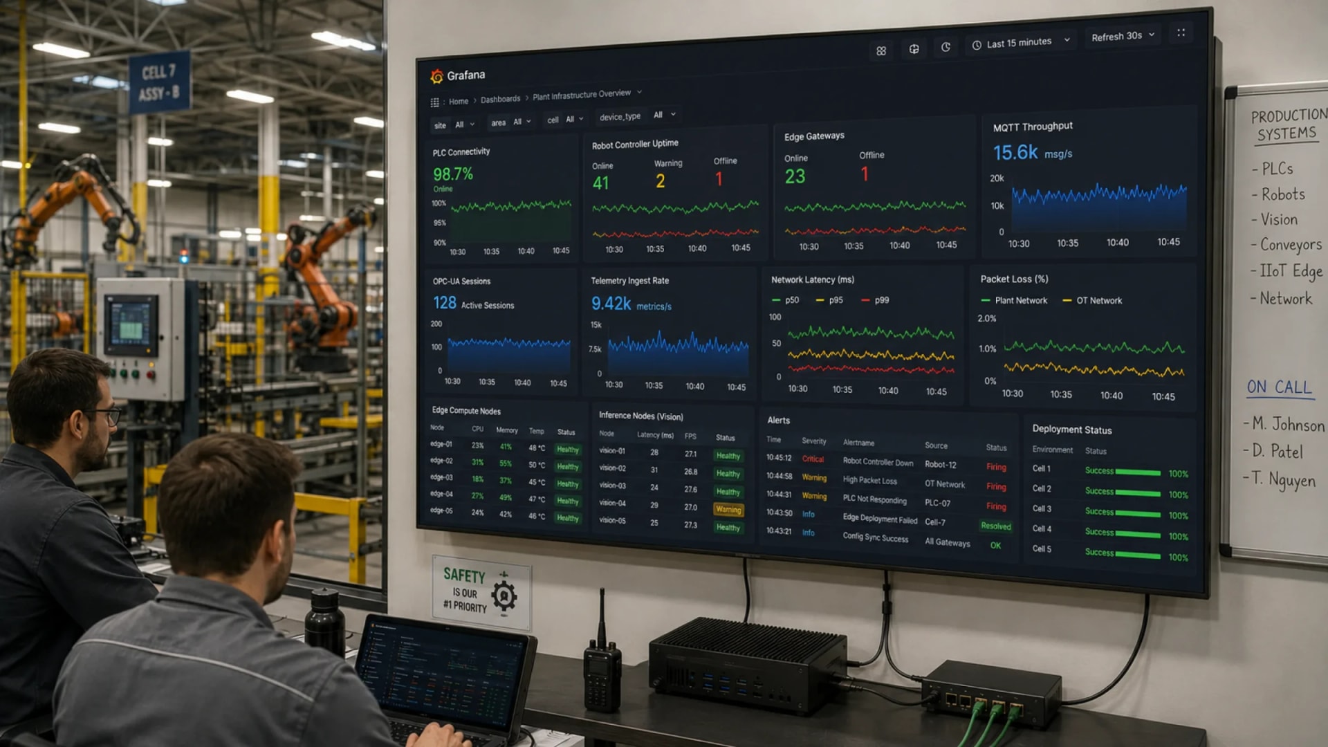 Plant back-office screen showing a Grafana infrastructure-overview dashboard