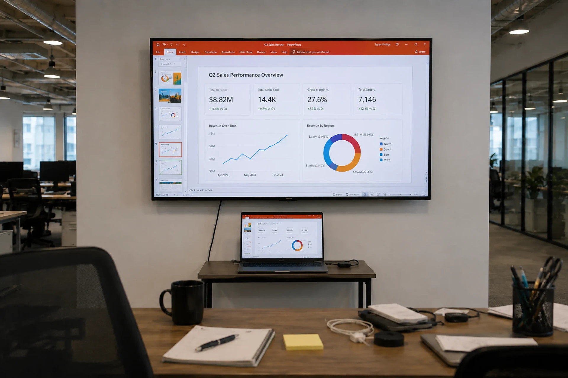 Wall-mounted TV running a Power BI dashboard via PowerPoint from a small laptop and monitor tethered on the desk below — the workaround that breaks the moment the Microsoft session expires