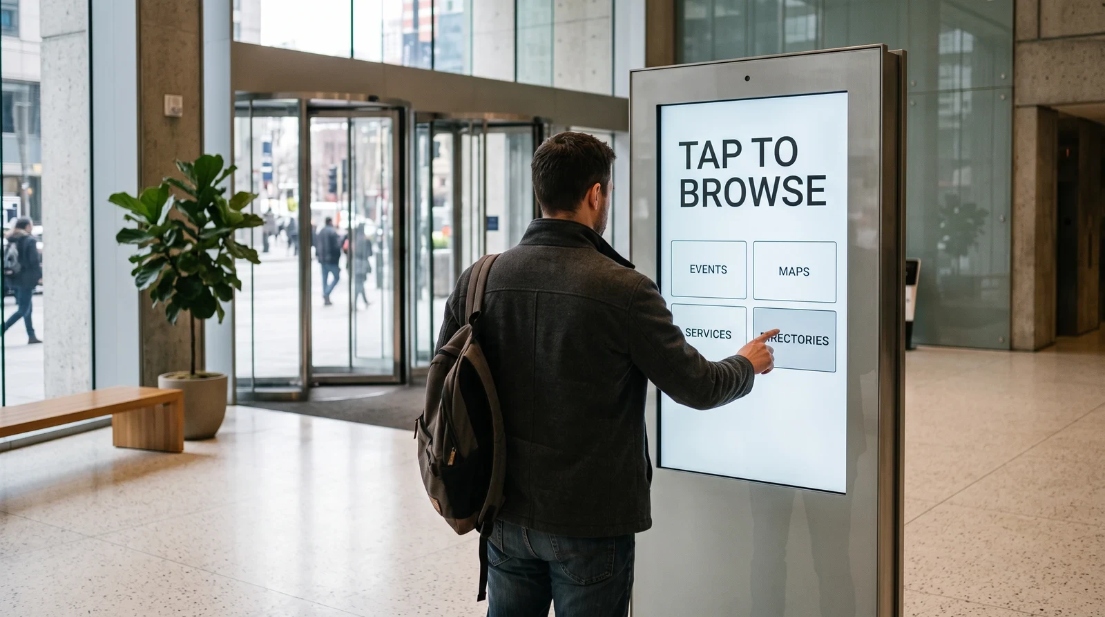 Visitor seen from behind pressing a tile on a freestanding interactive touchscreen kiosk in a bright building foyer, the portrait screen reading tap to browse above events, maps, services and directories buttons