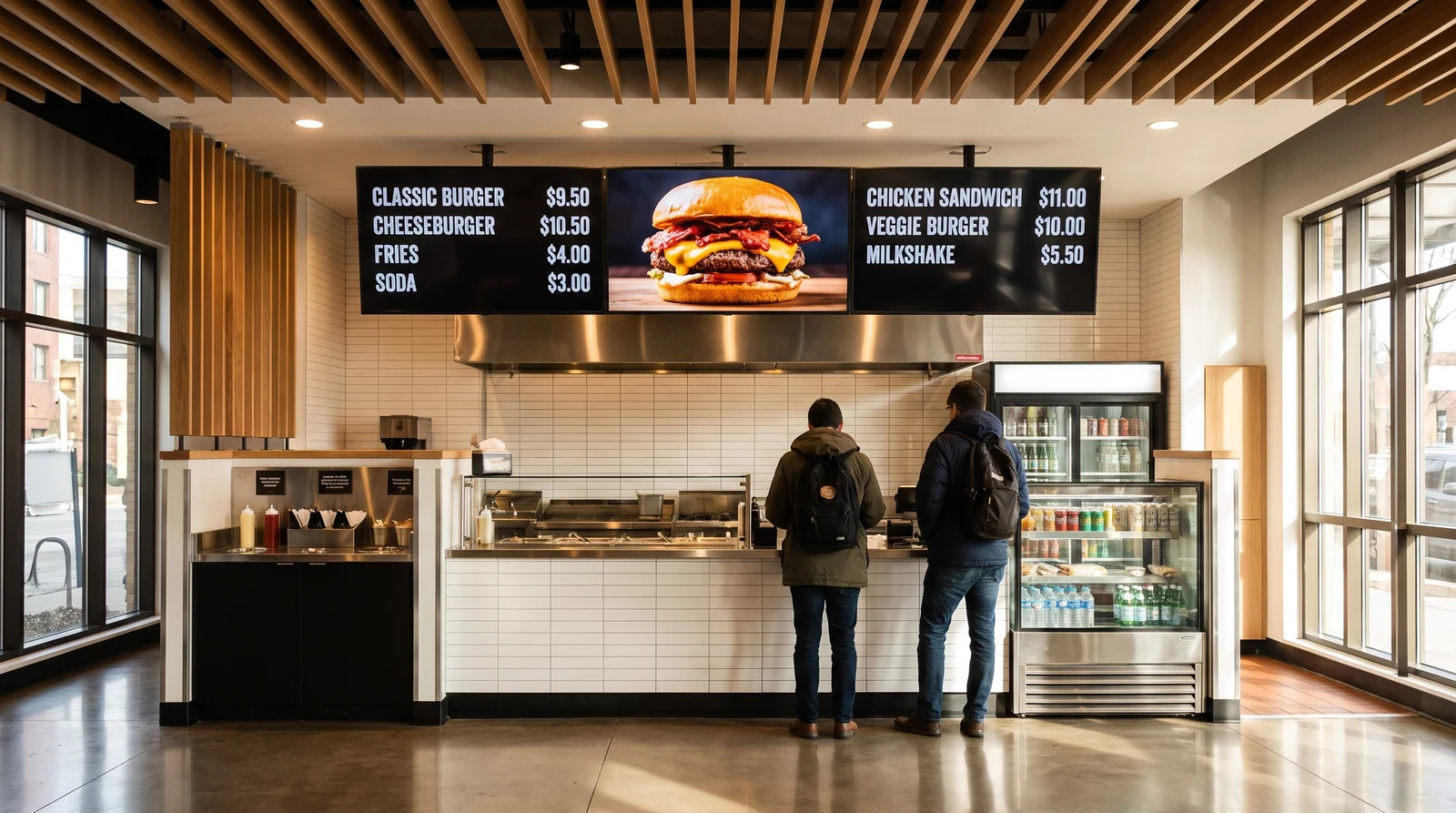 Modern restaurant with bright digital menu boards displaying food photography and pricing