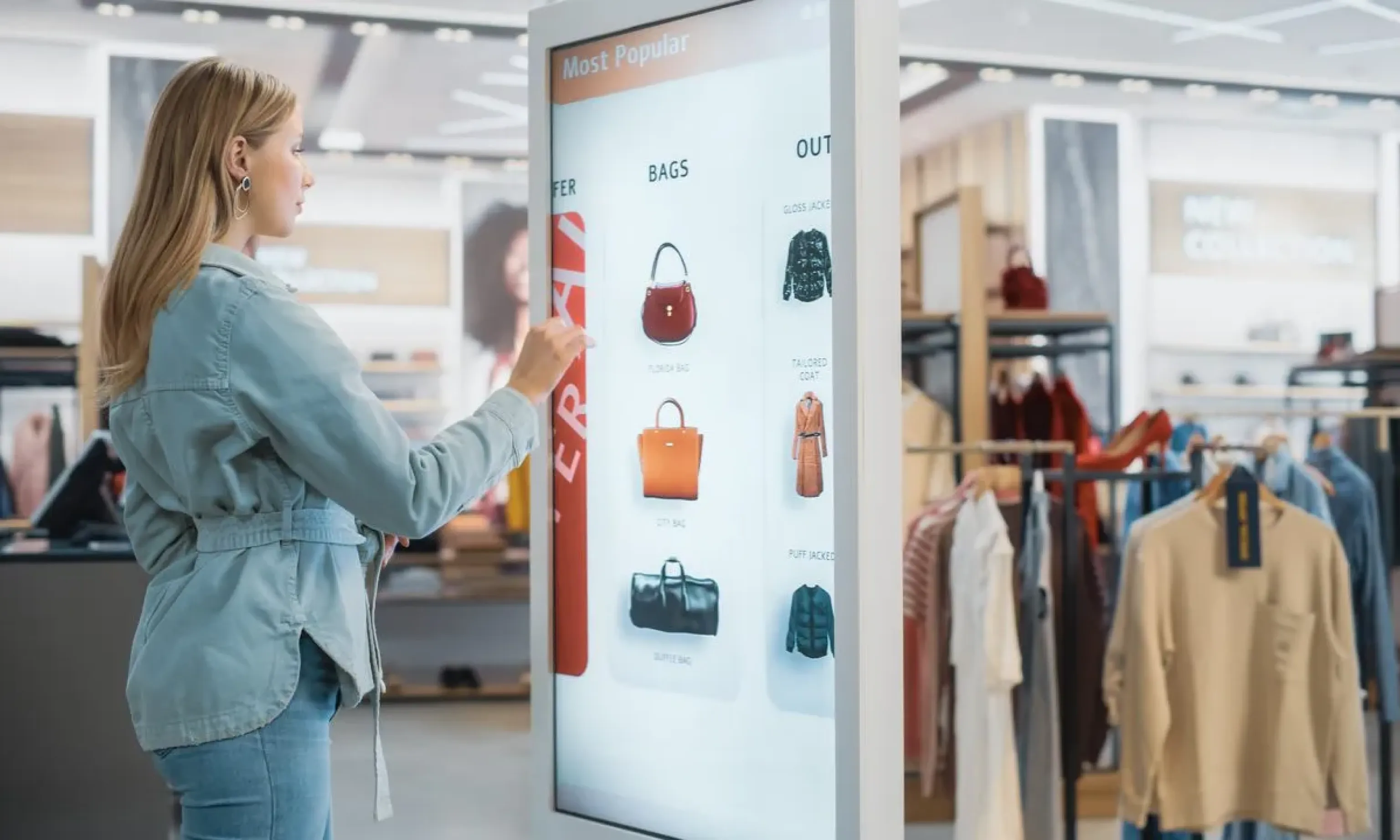 Customer browsing a touch-screen kiosk listing bags and outerwear inside a clothing store