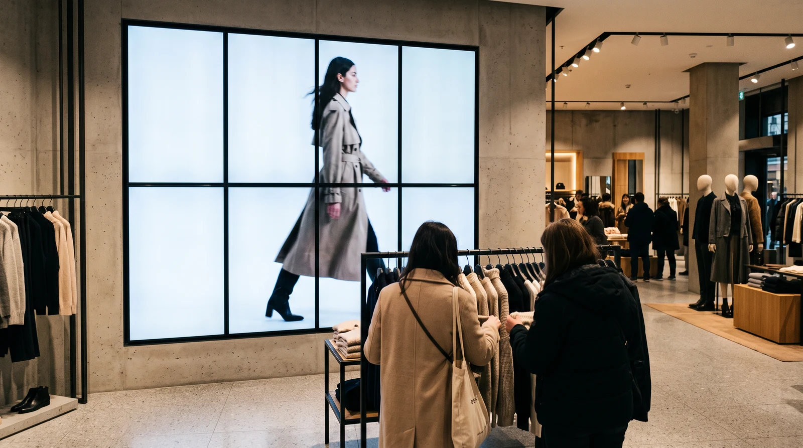 Flagship clothing store video wall of eight tiled screens showing one continuous lifestyle campaign image behind the shopfloor rails