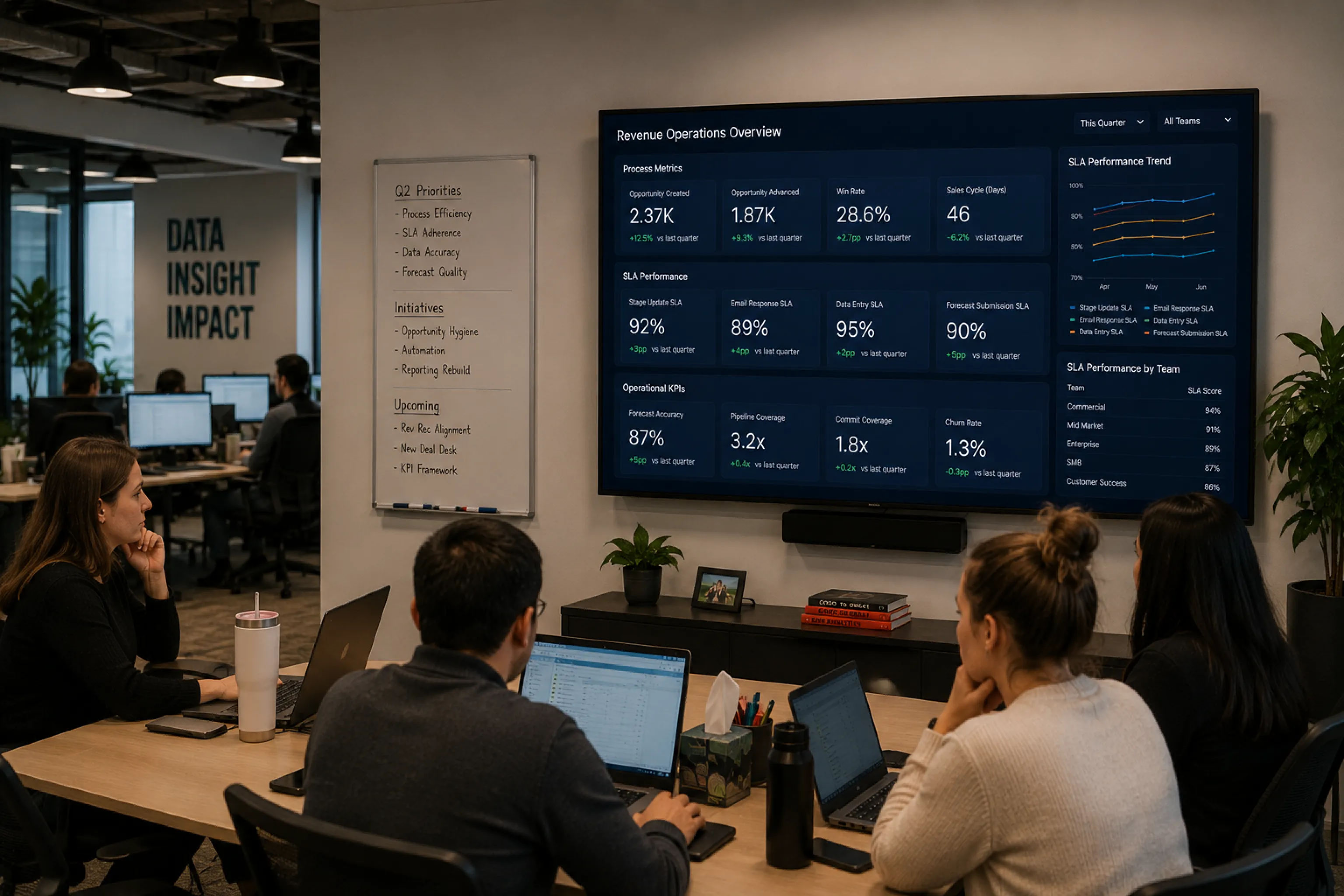 Revenue operations team at an open-office desk row with a wall-mounted TV showing SLA, process, and operational KPIs