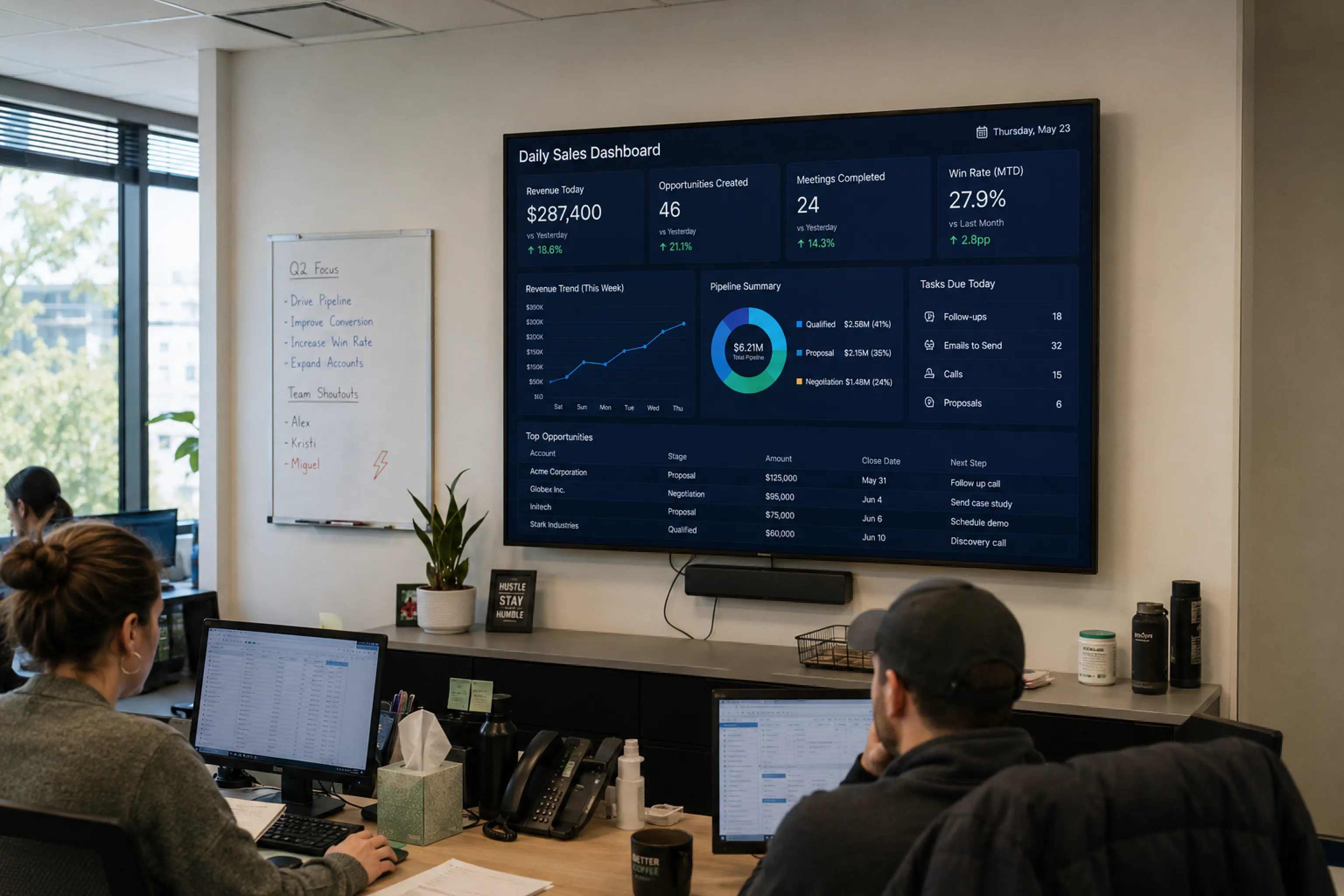A sales team looking at a daily sales and pipeline spreadsheet on a wall-mounted TV