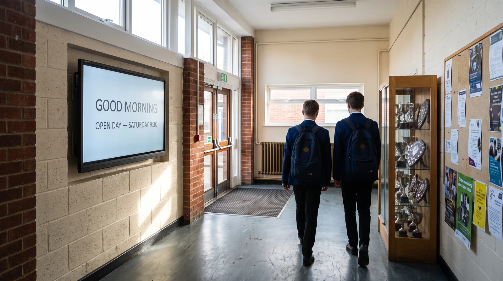 School entrance foyer with a wall-mounted screen showing a morning welcome message and open day announcement