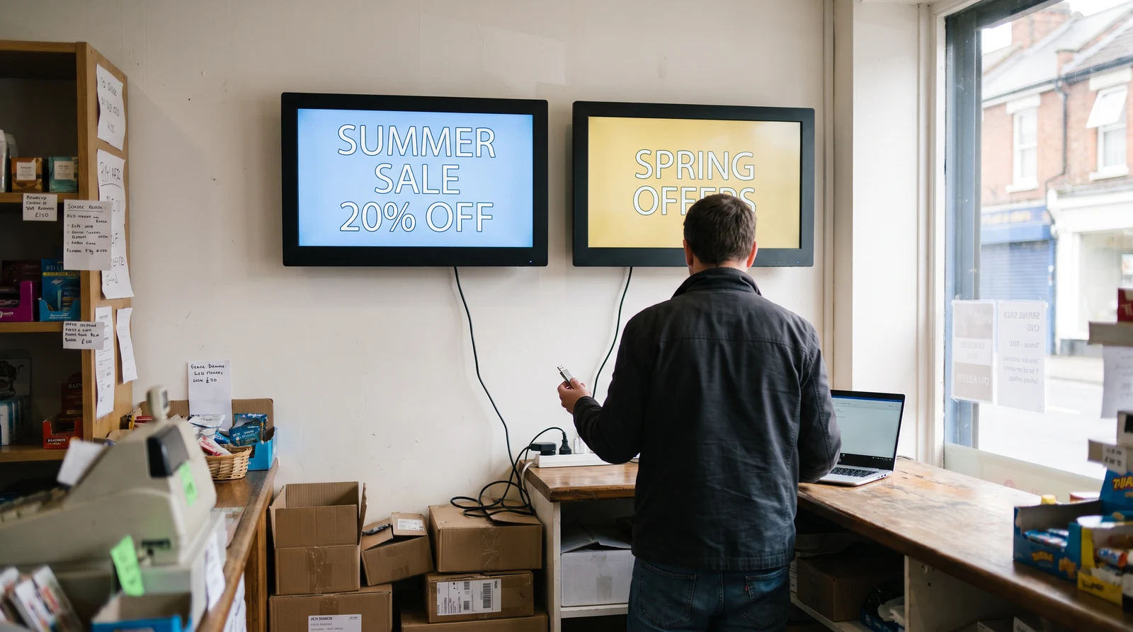 Shop worker at the counter holding a USB stick and laptop while two wall-mounted screens above show mismatched posters, one reading Summer sale 20% off and the other still reading Spring offers
