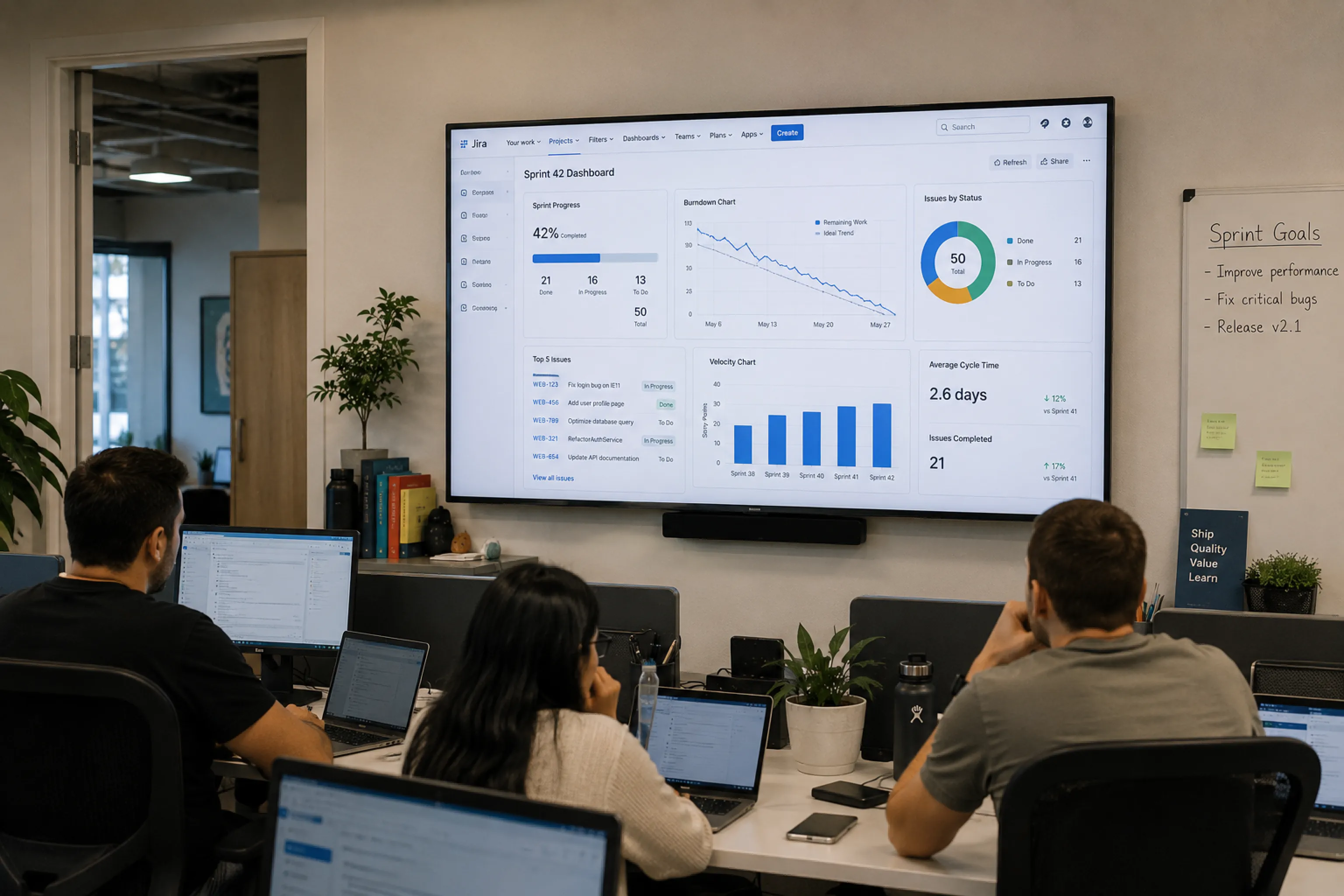 Software engineering team at desks with a wall-mounted TV showing a Jira Sprint 42 dashboard with burndown, velocity, and issue status widgets