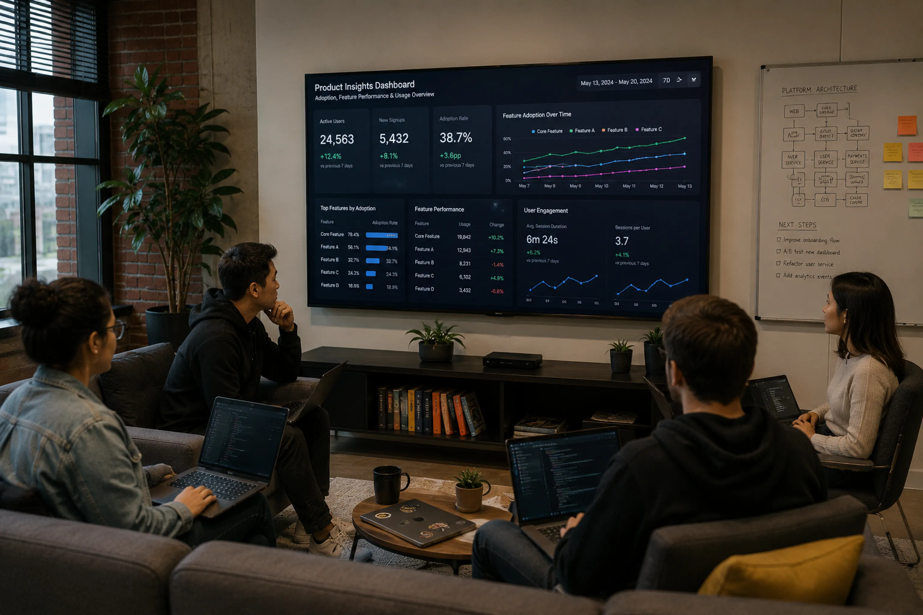 Engineering team gathered in front of a wall-mounted TV reviewing the current sprint board and product overview metrics
