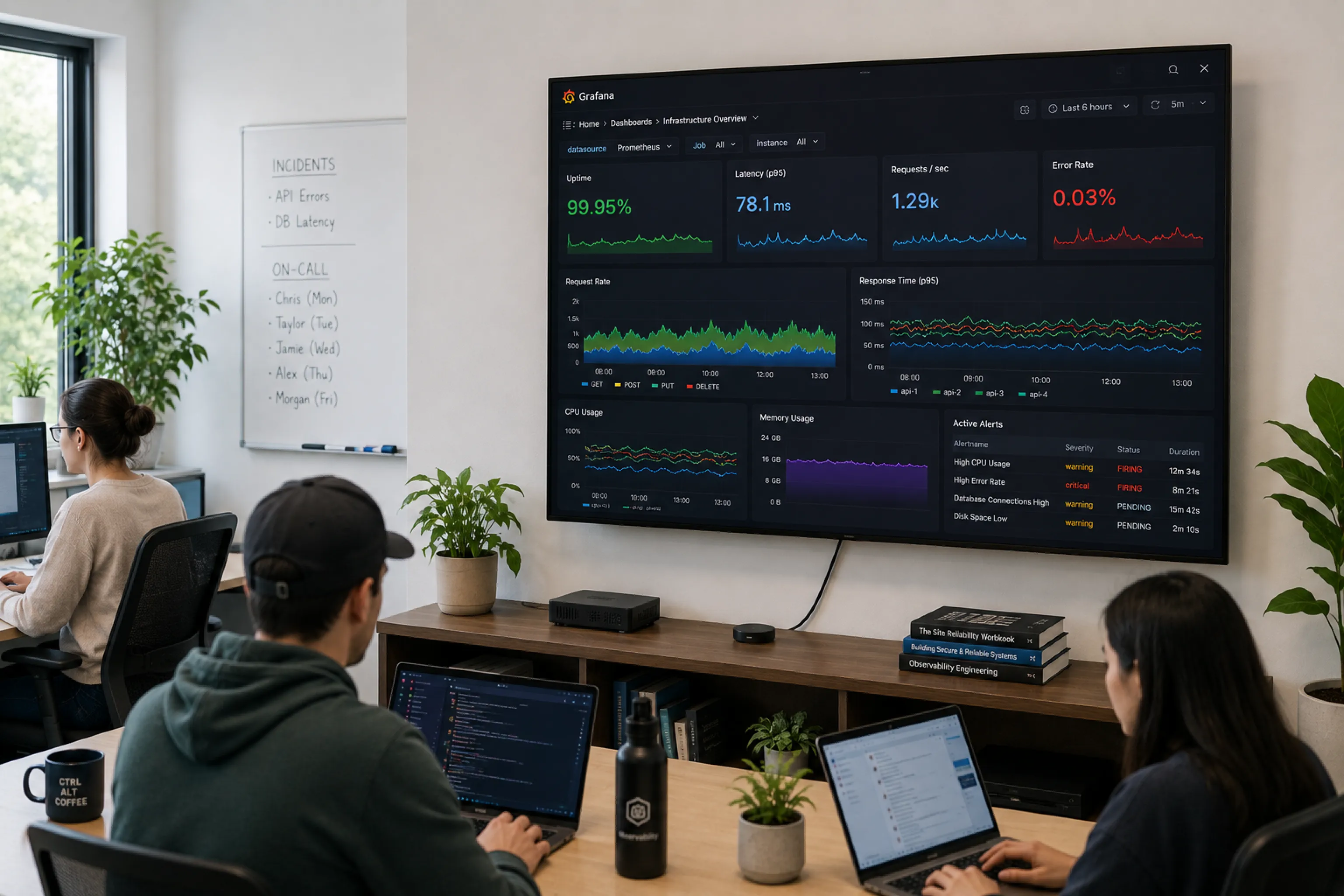 SRE team reviewing a Grafana system-health overview on a shared TV dashboard