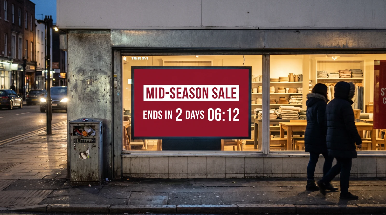 Shop window screen on a high street at dusk showing a mid-season sale poster with a live countdown reading ends in 2 days
