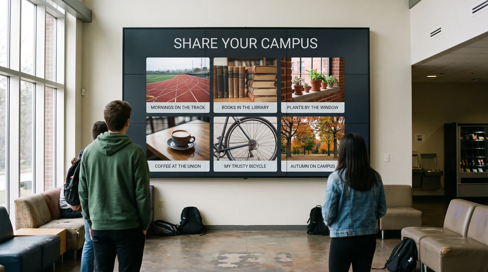 Students in a university union lounge watching a wall-mounted screen play a “Share your campus” social wall of community photos