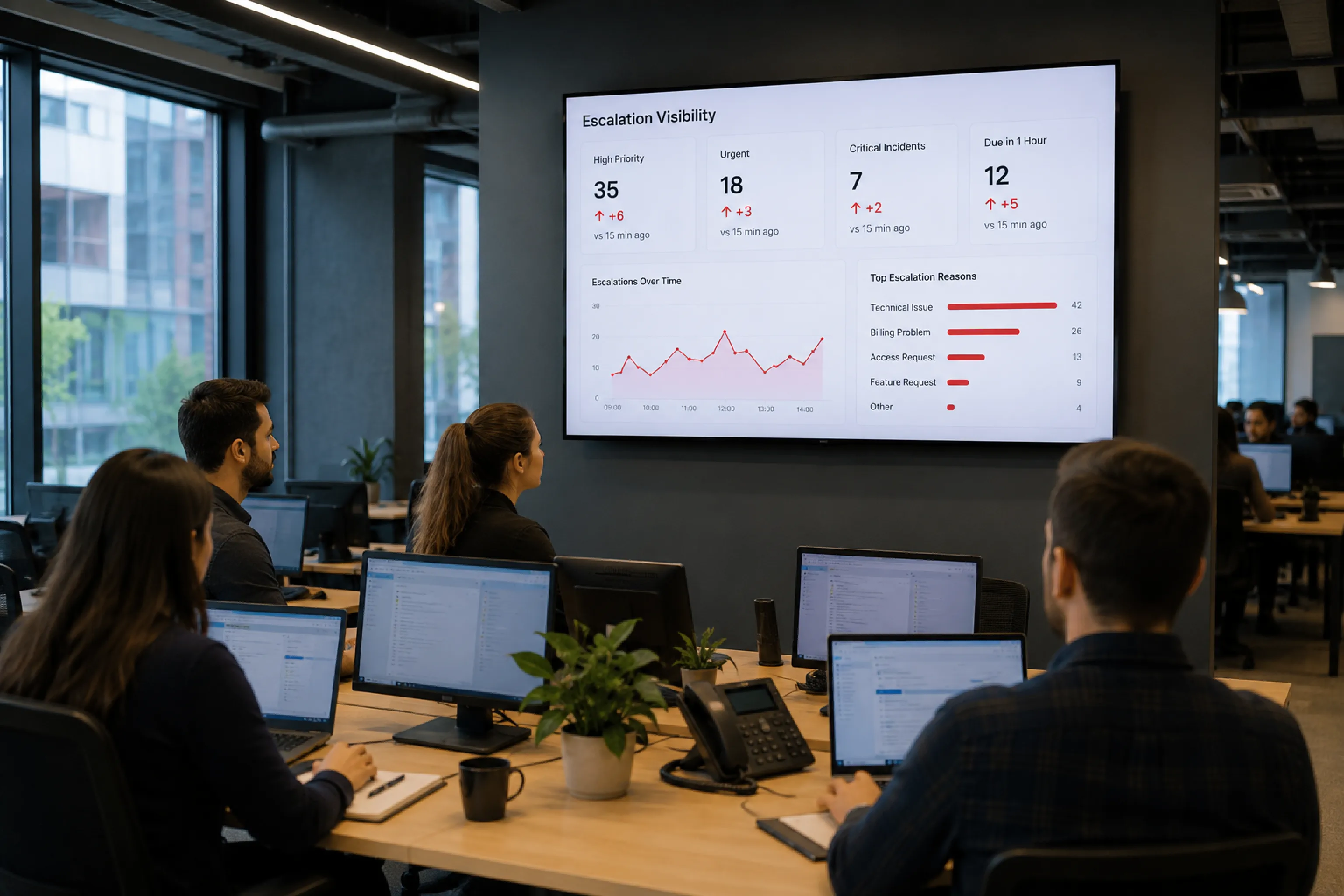 DevOps team at workstations with a wall-mounted TV showing an Escalation Visibility dashboard with active incidents, top escalation reasons, and deployment status