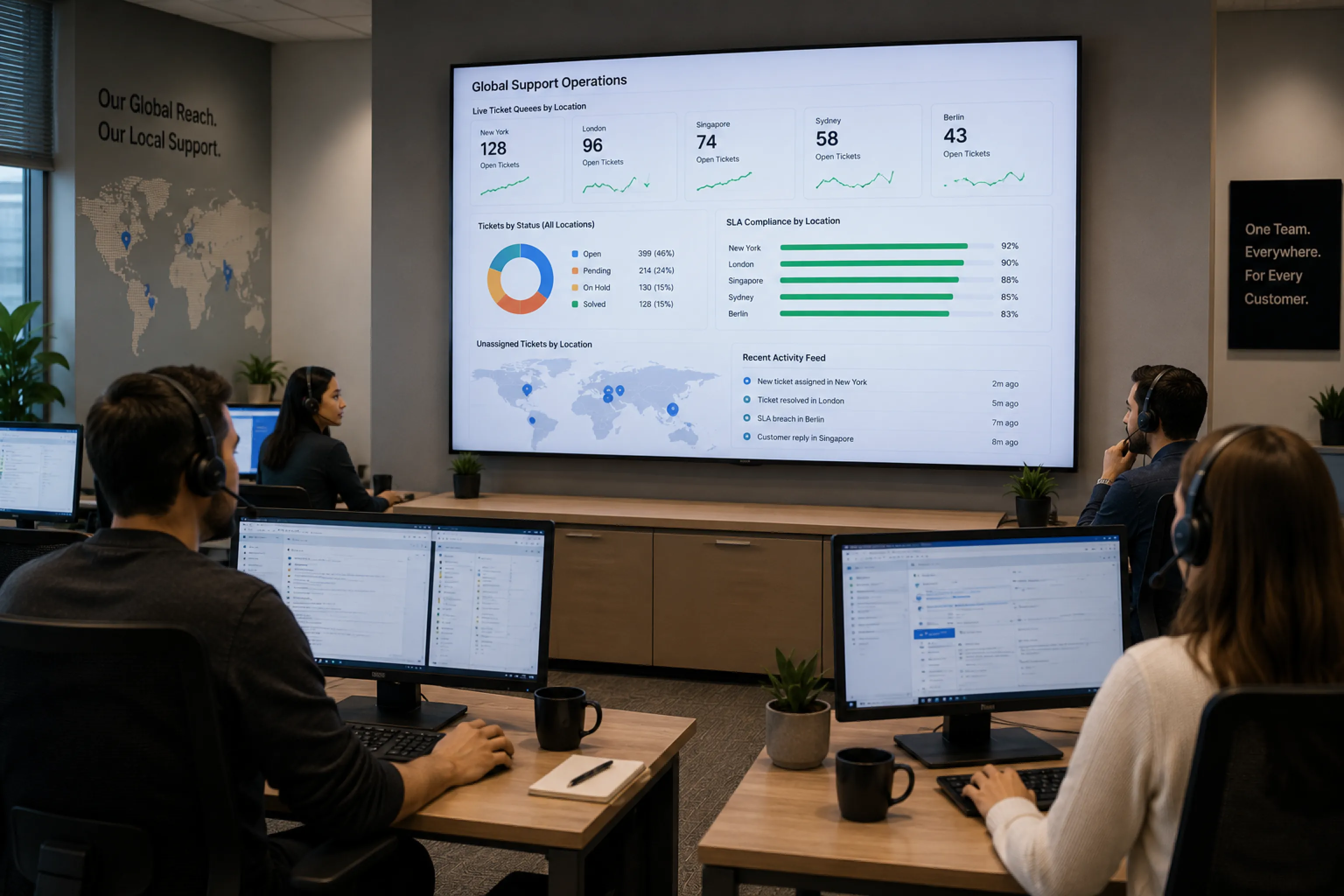 Program team coordinating across functions in front of a wall-mounted TV showing a Global Operations dashboard with program-level metrics across multiple teams