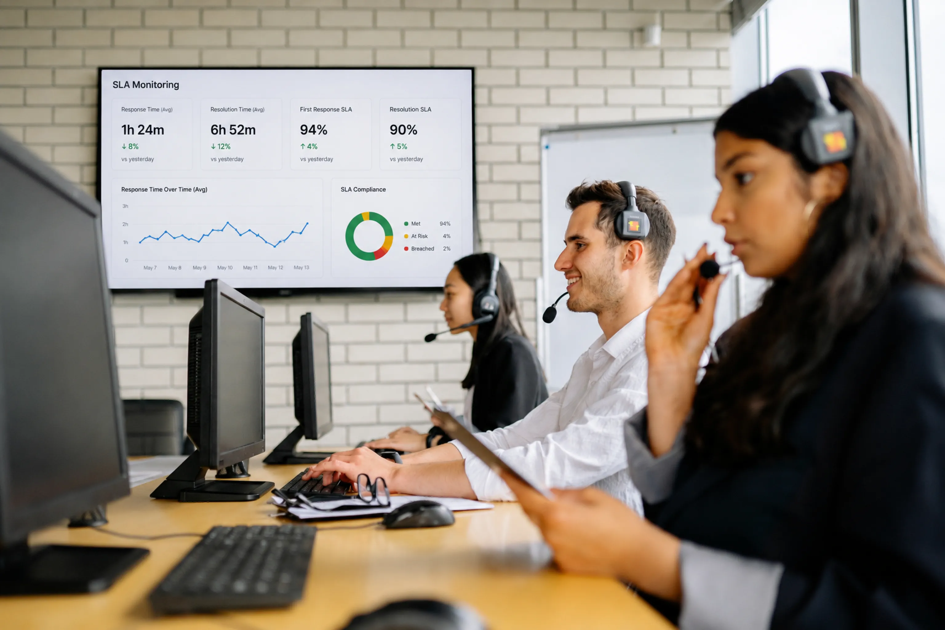 IT service desk agents at headset-equipped workstations with a wall-mounted TV showing an SLA Monitoring dashboard with ticket queues and SLA adherence metrics