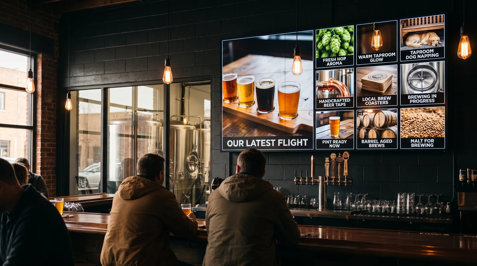 Large screen above a taproom bar showing a social wall in a mosaic layout, with one big showcase image beside a grid of smaller post tiles