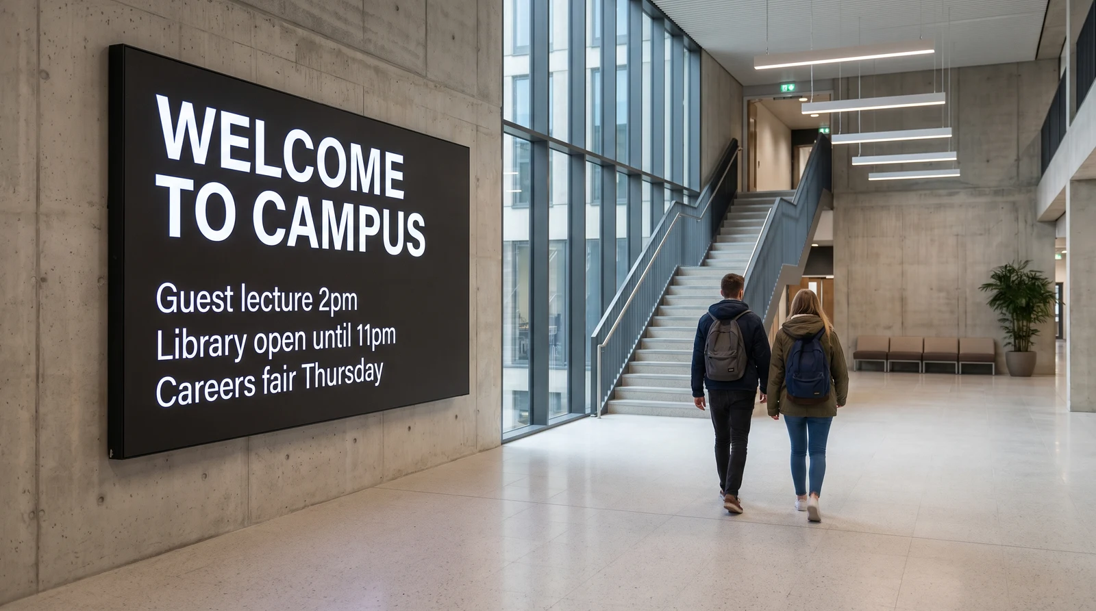 Large screen in a university teaching-building atrium welcoming students with the day’s campus announcements