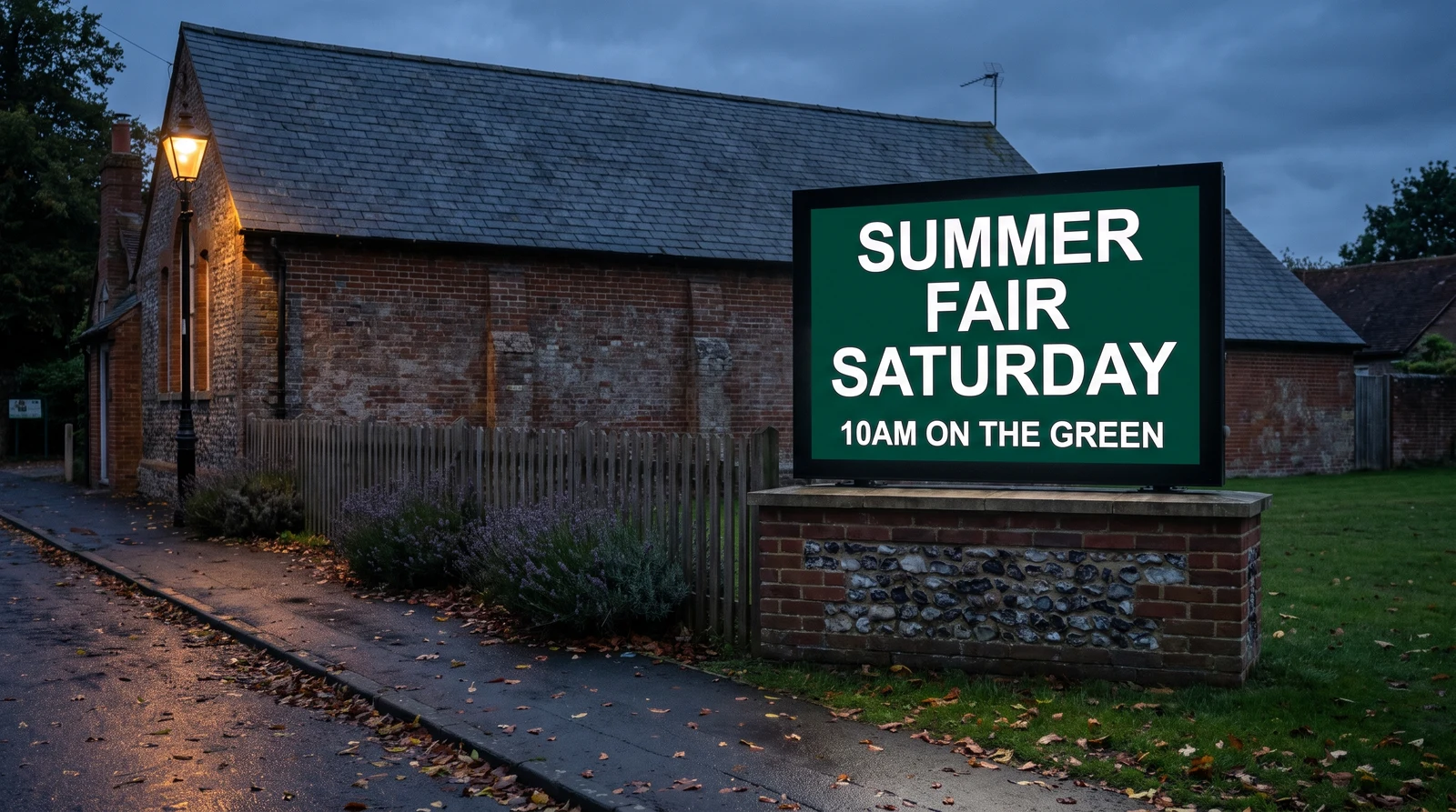 Roadside digital reader board on a brick plinth outside a village hall, glowing at dusk with an event message