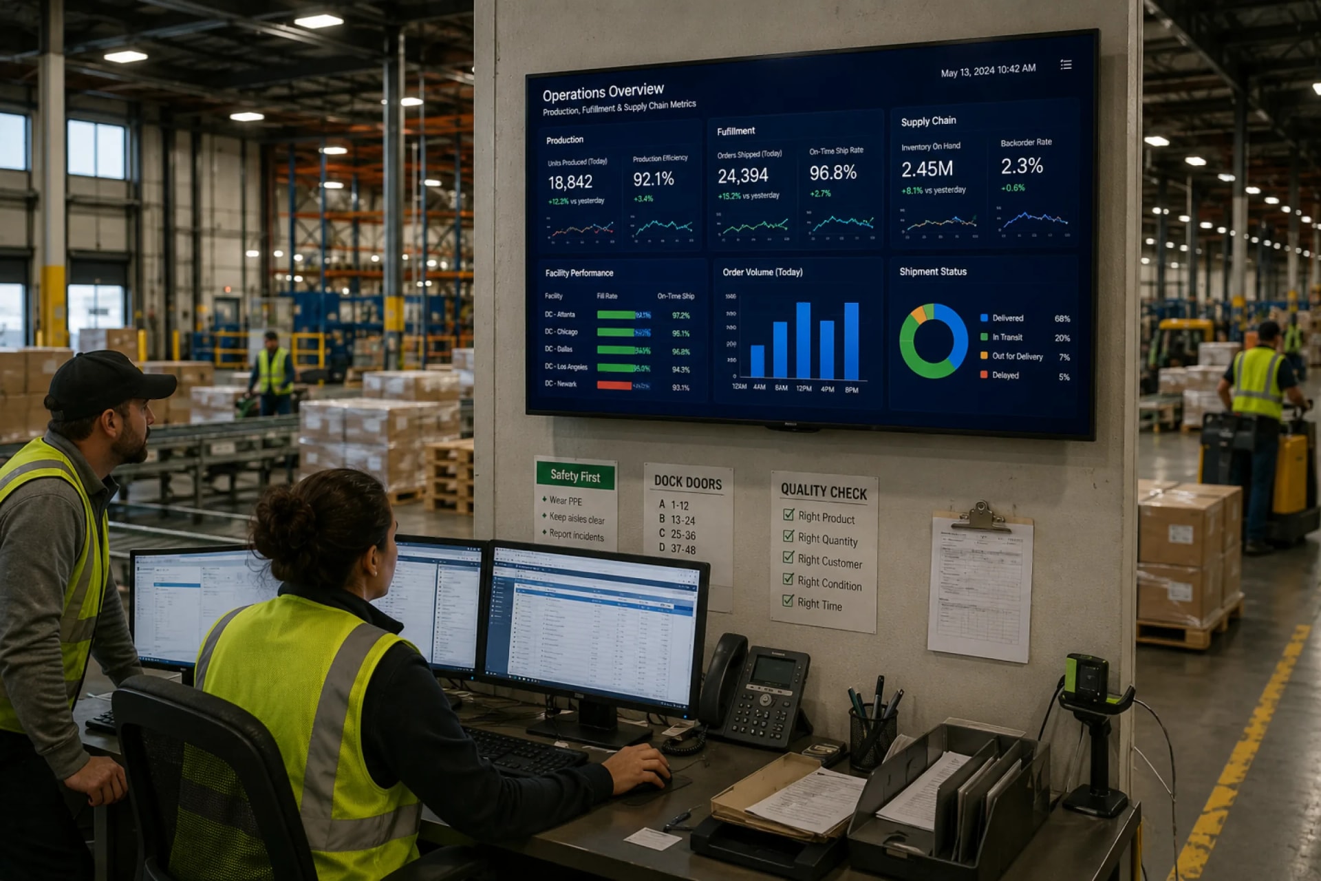 Warehouse workers in hi-vis vests at a control-station workstation with a wall-mounted TV showing production and fulfillment dashboards on the factory floor