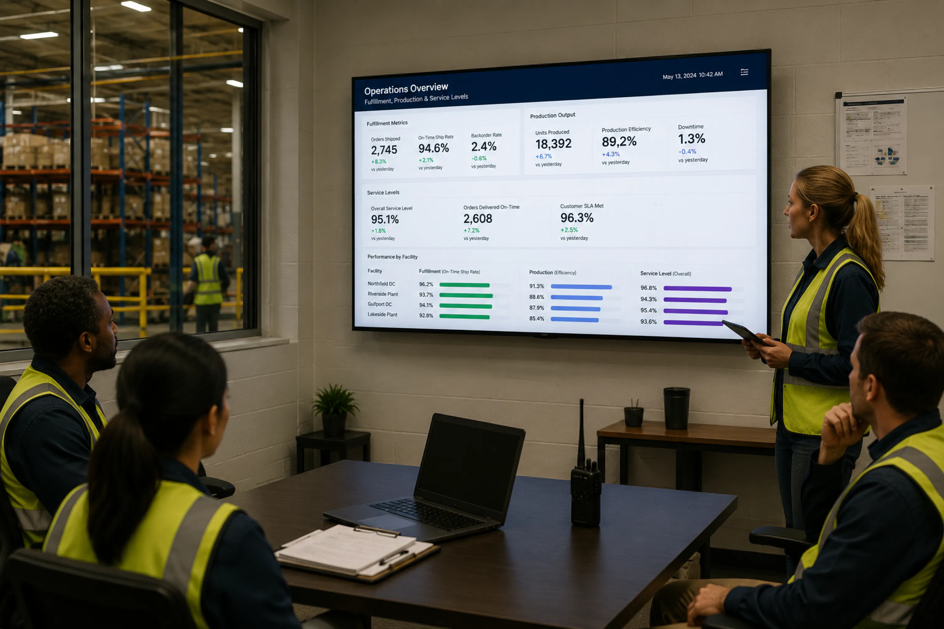 Warehouse operations team reviewing a fulfillment and service-levels dashboard on a wall TV