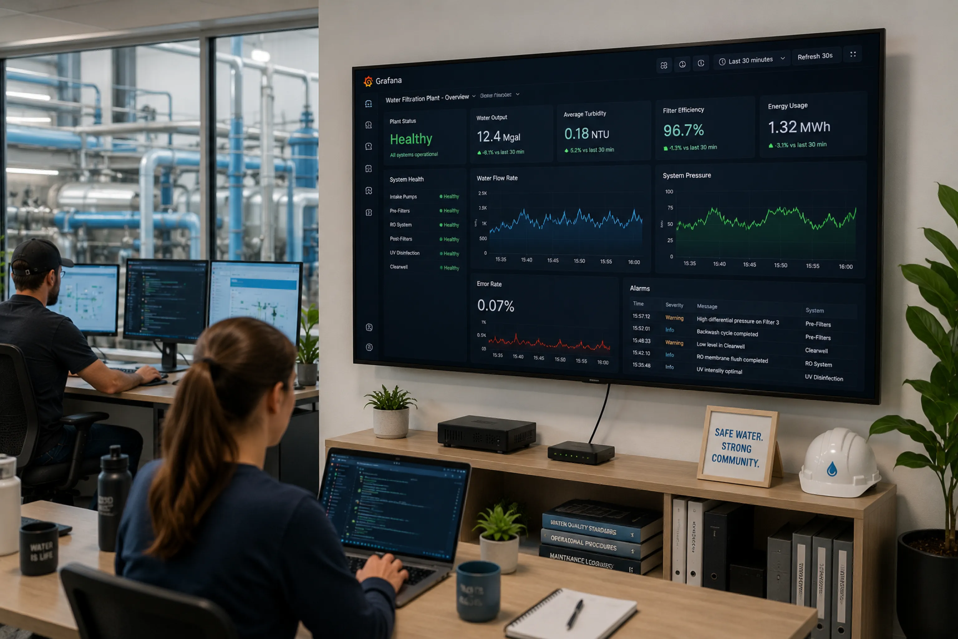 Control room operator monitoring a Grafana system-health dashboard on screen