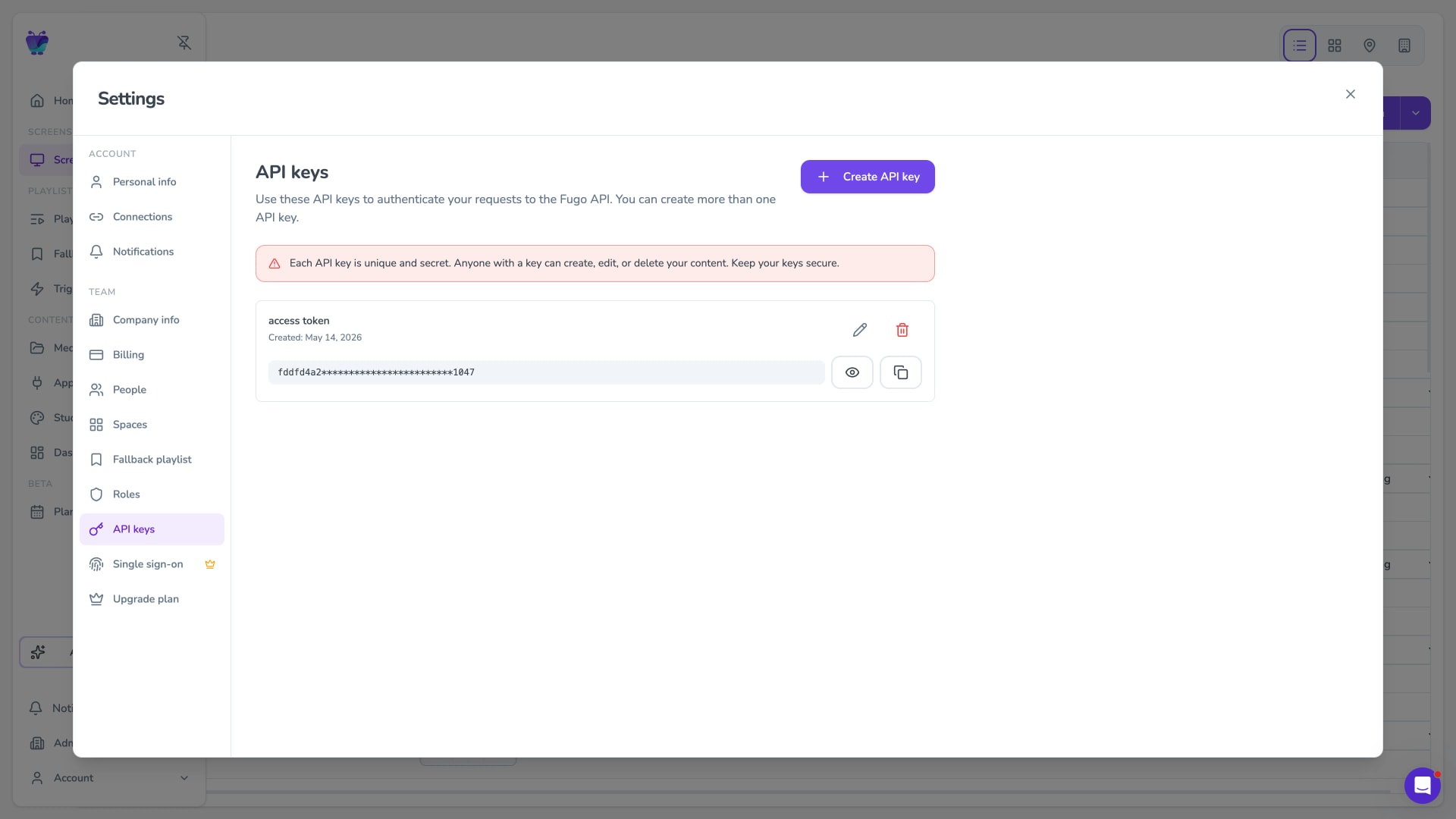 Fugo CMS API keys settings tab for authenticating programmatic access