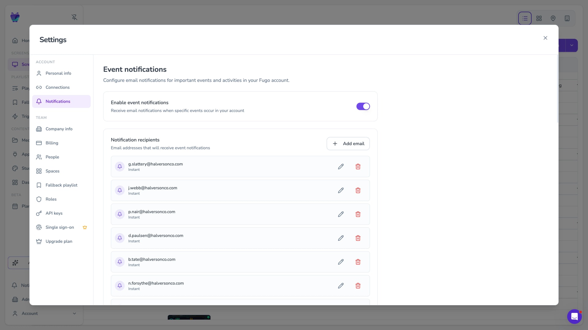 Notification settings showing event types Fugo can alert on