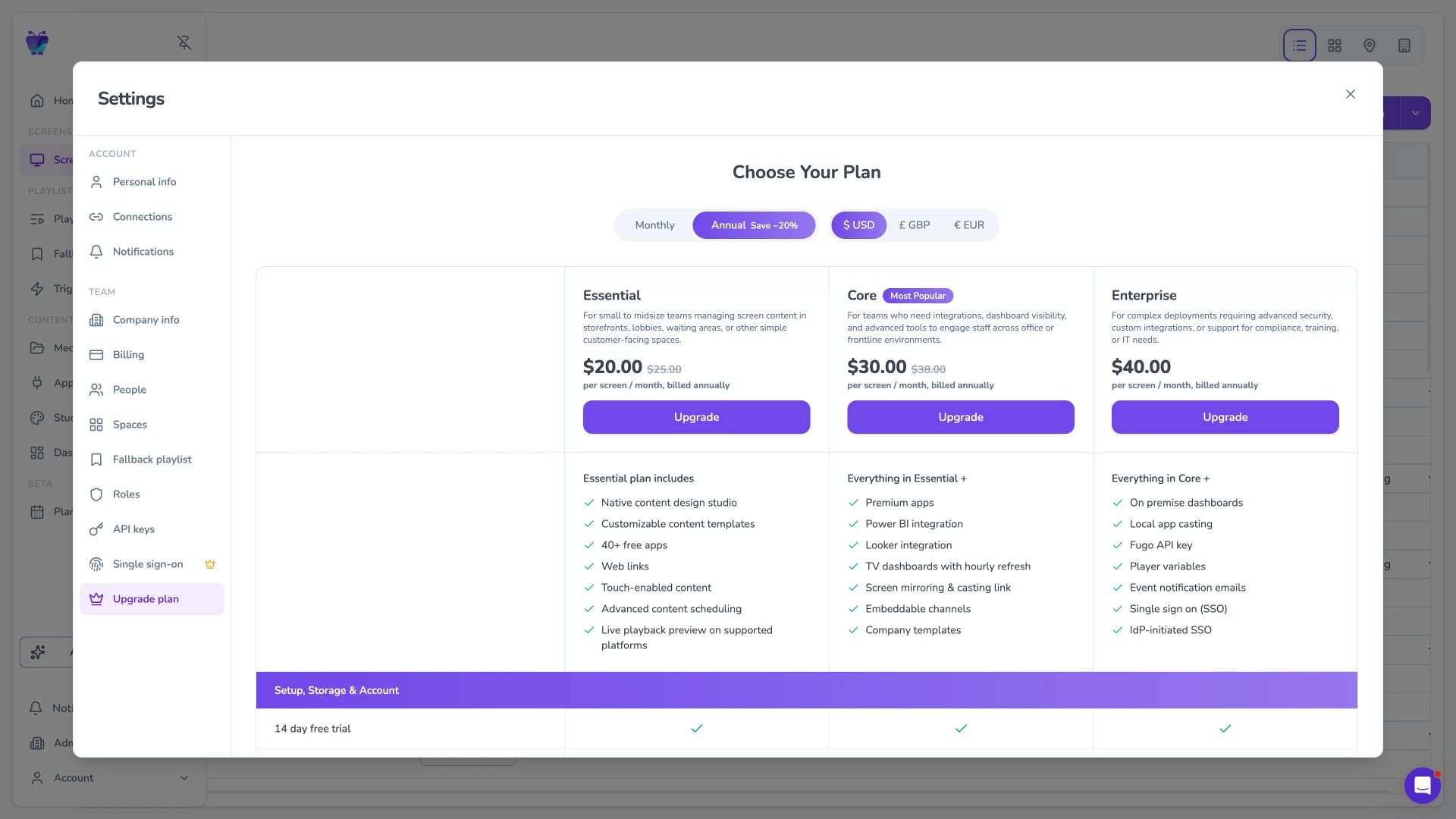 Fugo account settings showing the per-screen plan upgrade options