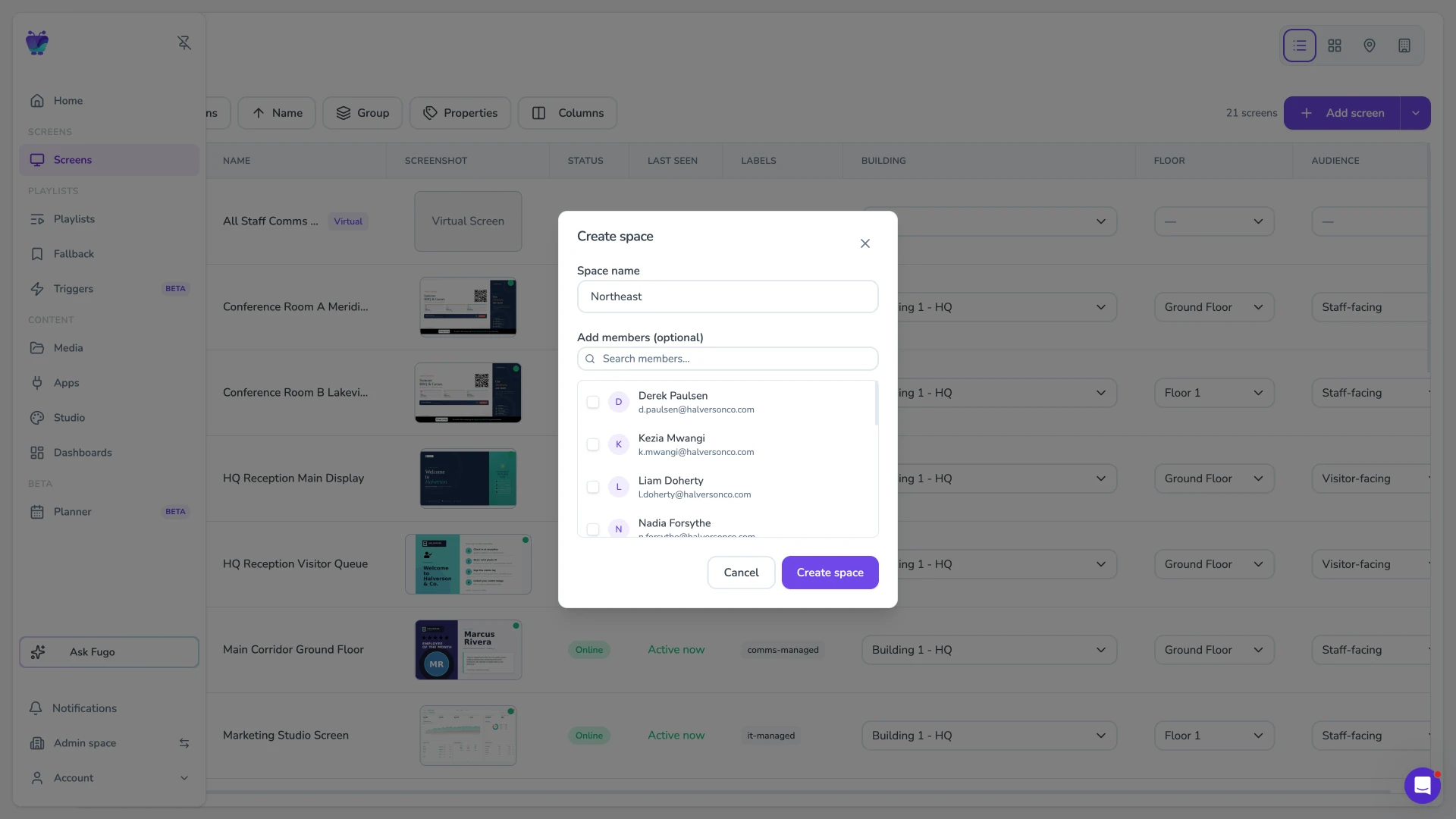 Create-space modal showing account hierarchy and workspace setup