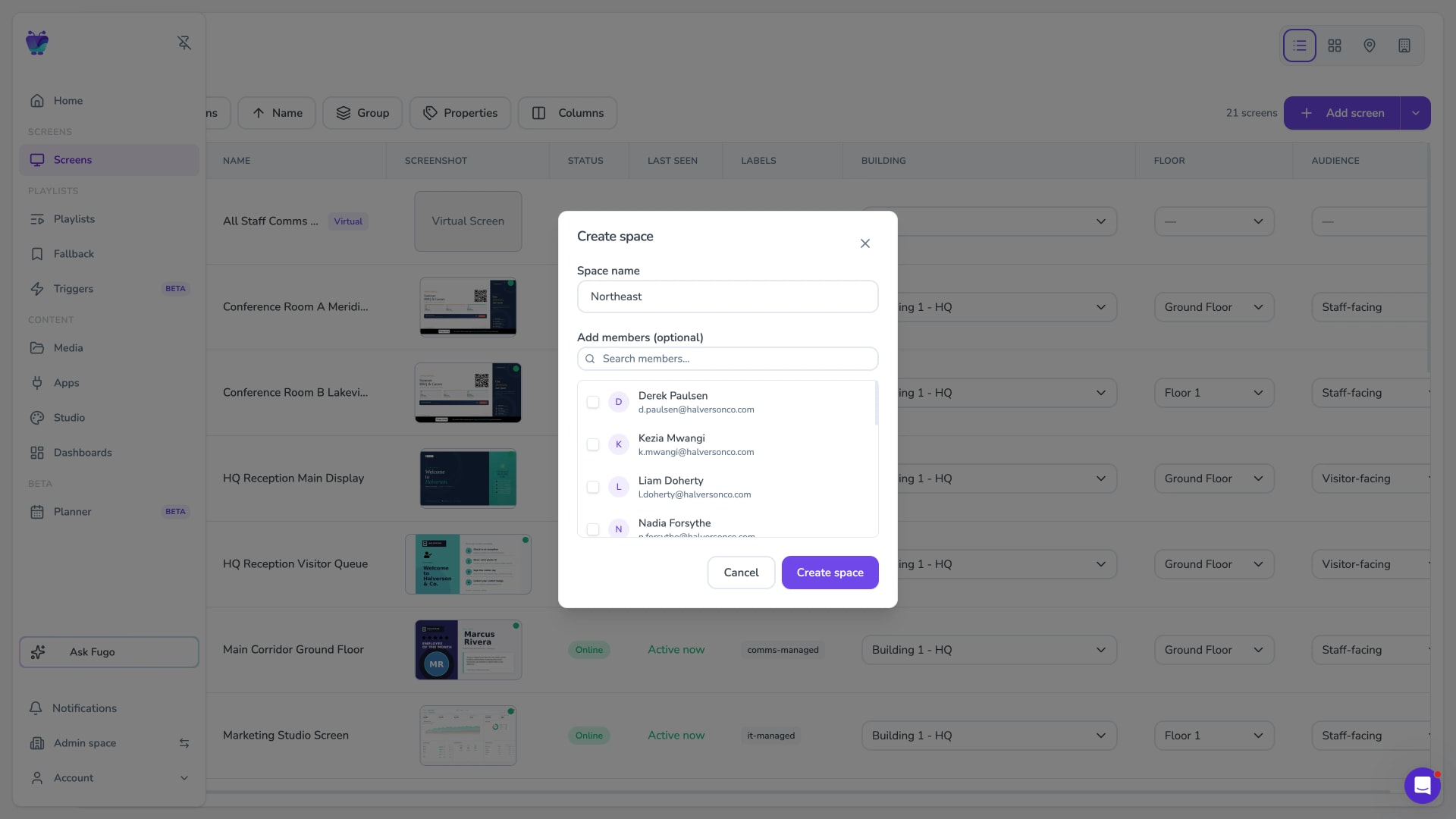 Create-space modal showing account hierarchy and workspace setup